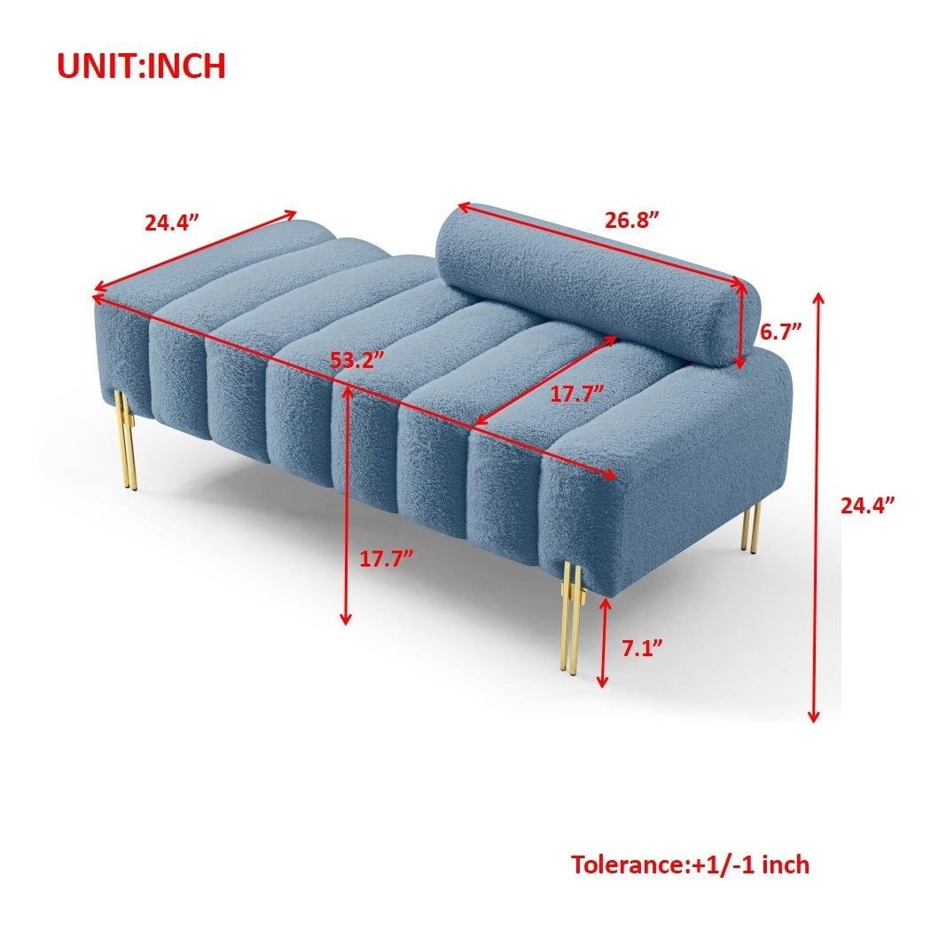 53.2"Width Modern End of Bed Bench Sherpa Fabric Upholstered 2 Seater Sofa Couch Entryway Ottoman Bench Fuzzy Sofa Stool Footrest Window Bench with Gold Metal Legs for Bedroom Living Room,Blue - Comfortable Living Decor