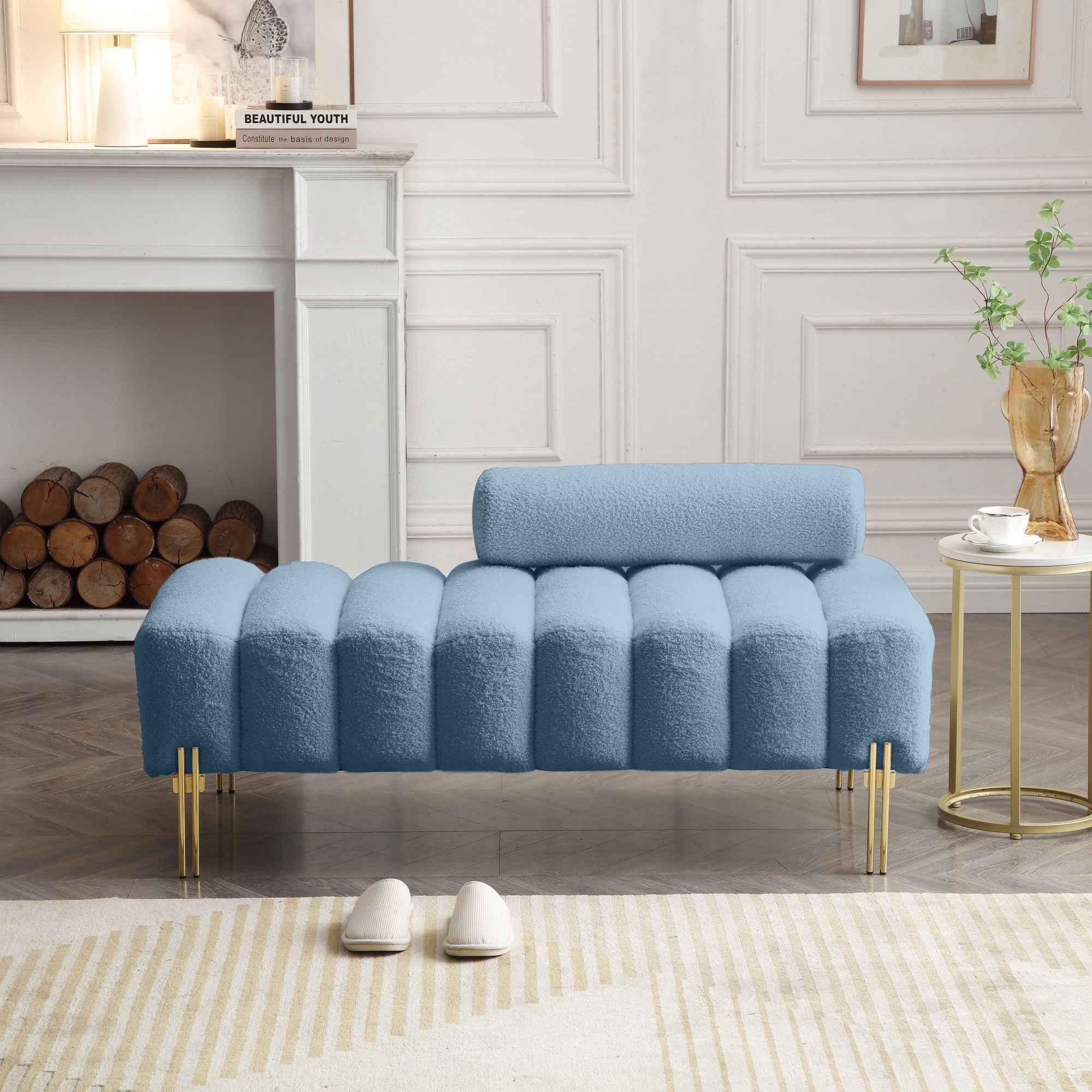 53.2"Width Modern End of Bed Bench Sherpa Fabric Upholstered 2 Seater Sofa Couch Entryway Ottoman Bench Fuzzy Sofa Stool Footrest Window Bench with Gold Metal Legs for Bedroom Living Room,Blue - Comfortable Living Decor