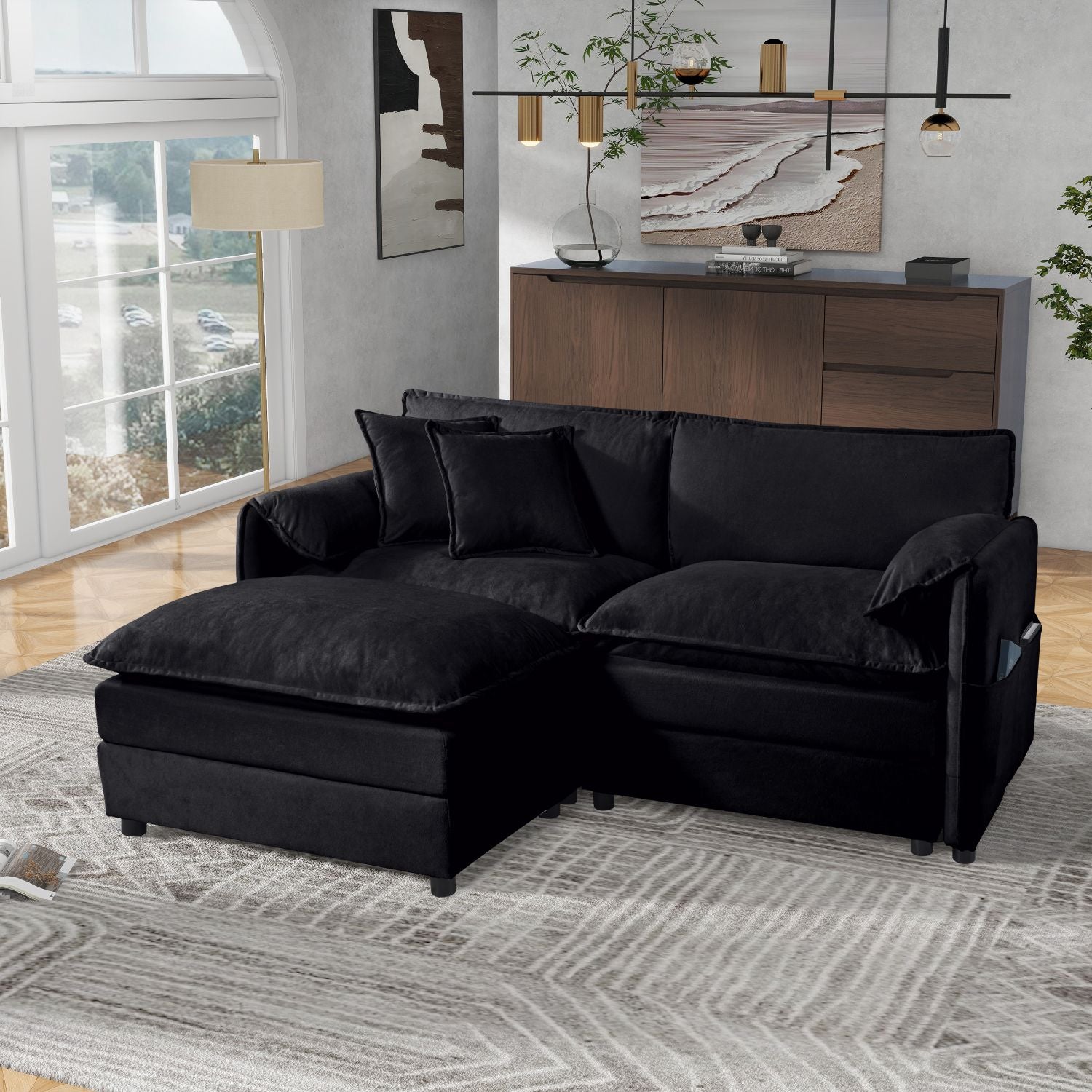 Deep Seat Sectional Sofa Cloud Couch with Ottoman, Modern Chenille Comfy Love Seat Upholstered Modular L Shaped Couch for Living Room, Apartment, Office,DIY Combination,Black - Comfortable Living Decor