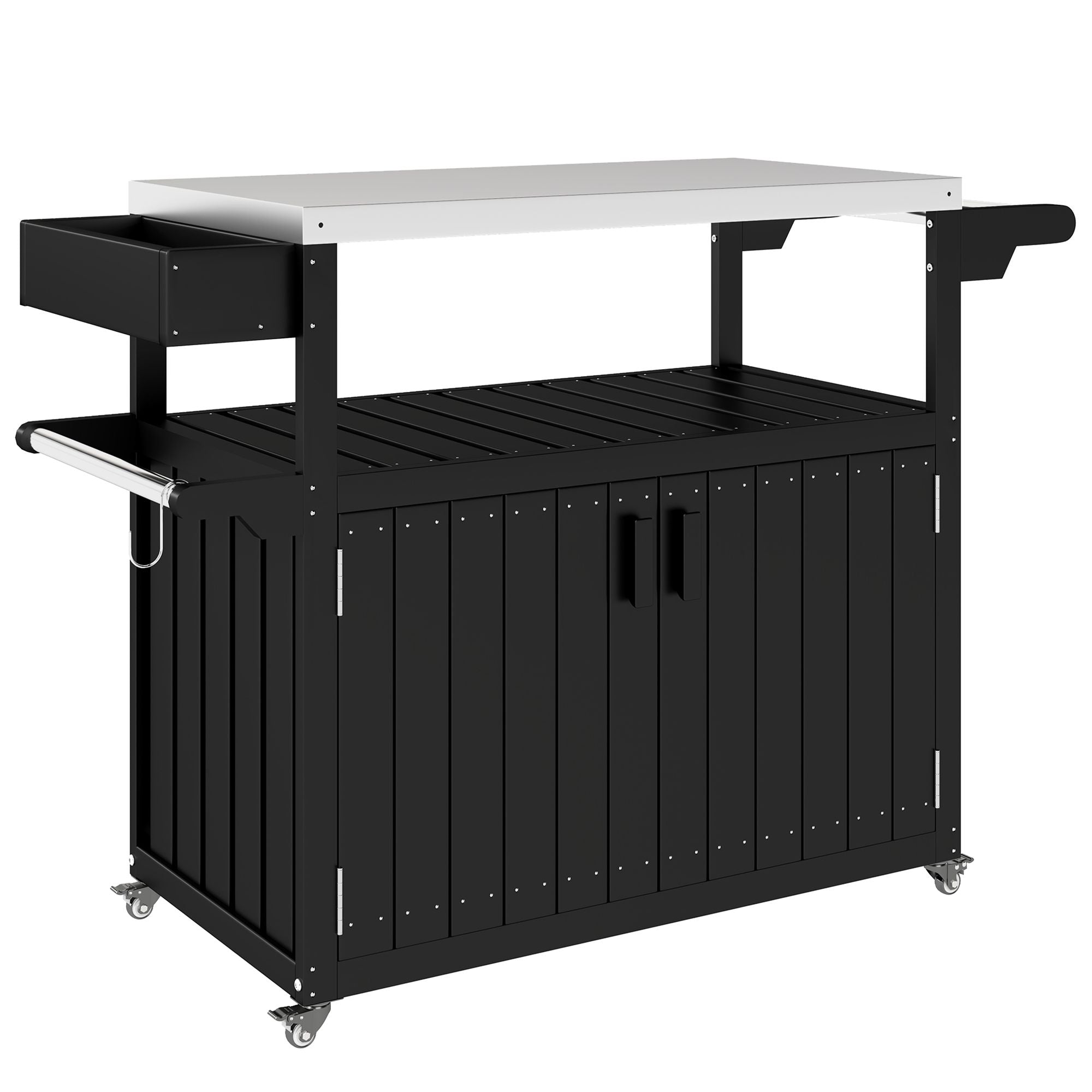 Outsunny Outdoor Bar Cart with Storage, Stainless Steel Outdoor Bar Table Top, Wheeled HDPE Kitchen Island for Food Prep, Black - Comfortable Living Decor
