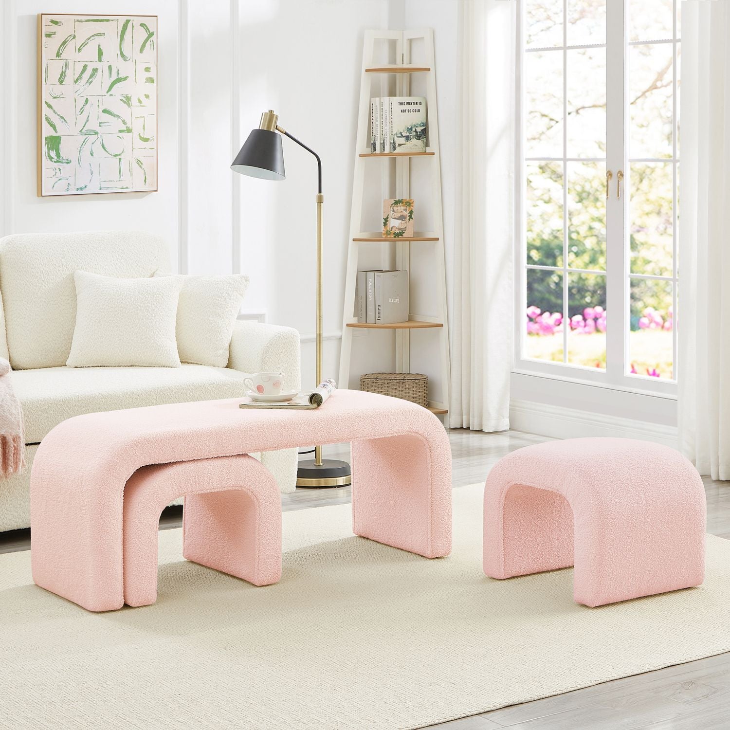 Versatile Pink U - Shaped Ottoman Bench Set for Living Room & Bedroom - 3 Piece Footrest Collection - Comfortable Living Decor