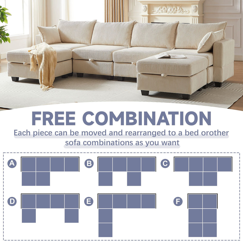 113.5'' Modular Sectiona Corduroy Sofa, Sectional Couches for Living Room U Shaped Sectional Couch with Storage Ottoman, 6 Seats Convertible Sectionals with Chaise - Comfortable Living Decor