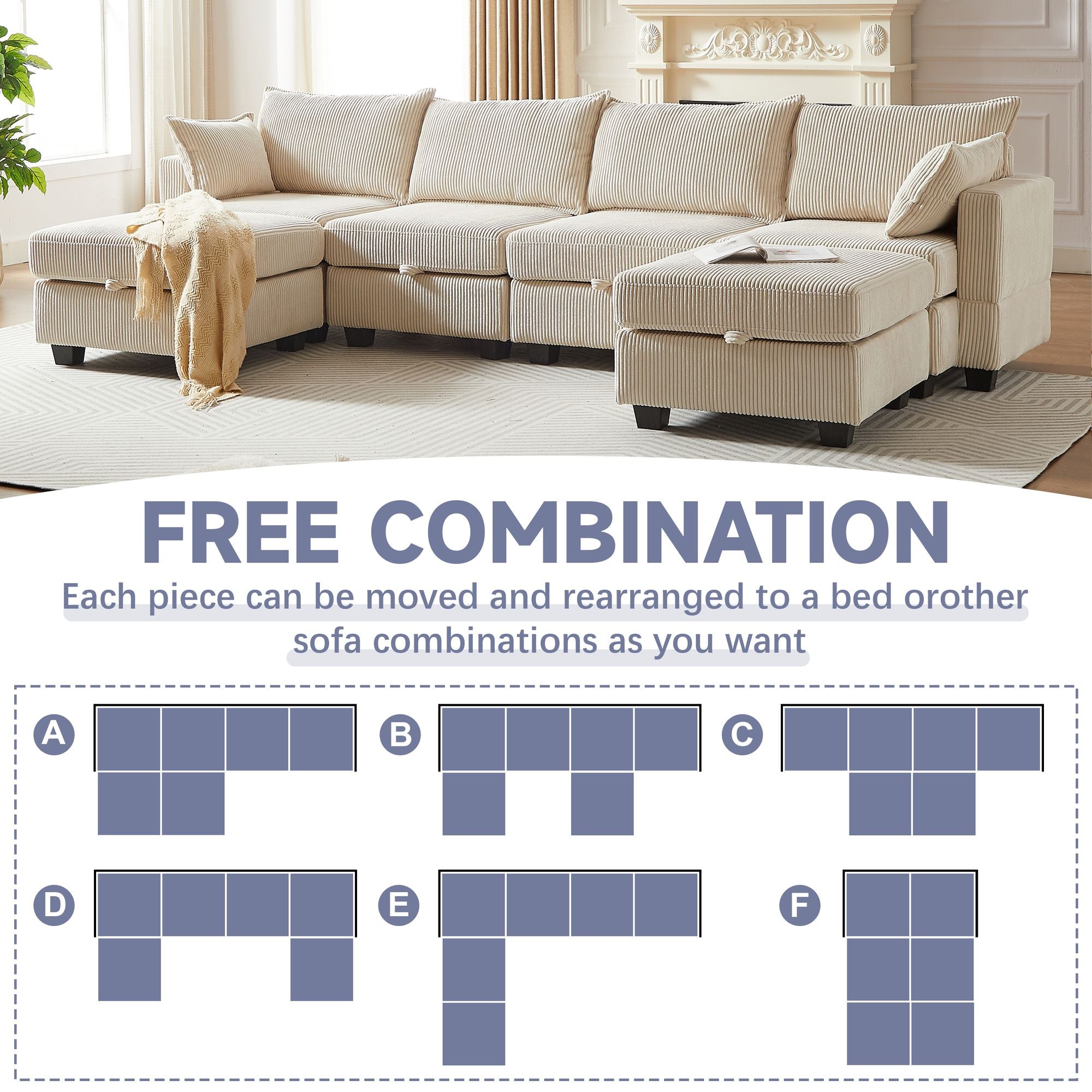 113.5'' Modular Sectiona Corduroy Sofa, Sectional Couches for Living Room U Shaped Sectional Couch with Storage Ottoman, 6 Seats Convertible Sectionals with Chaise - Comfortable Living Decor