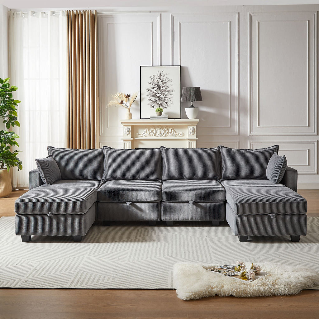 113.5'' Modular Sectiona Corduroy Sofa, Sectional Couches for Living Room U Shaped Sectional Couch with Storage Ottoman, 6 Seats Convertible Sectionals with Chaise - Comfortable Living Decor