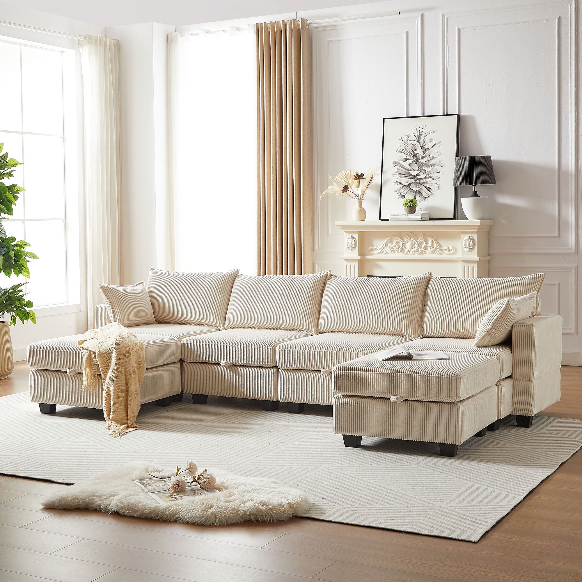 113.5'' Modular Sectiona Corduroy Sofa, Sectional Couches for Living Room U Shaped Sectional Couch with Storage Ottoman, 6 Seats Convertible Sectionals with Chaise - Comfortable Living Decor