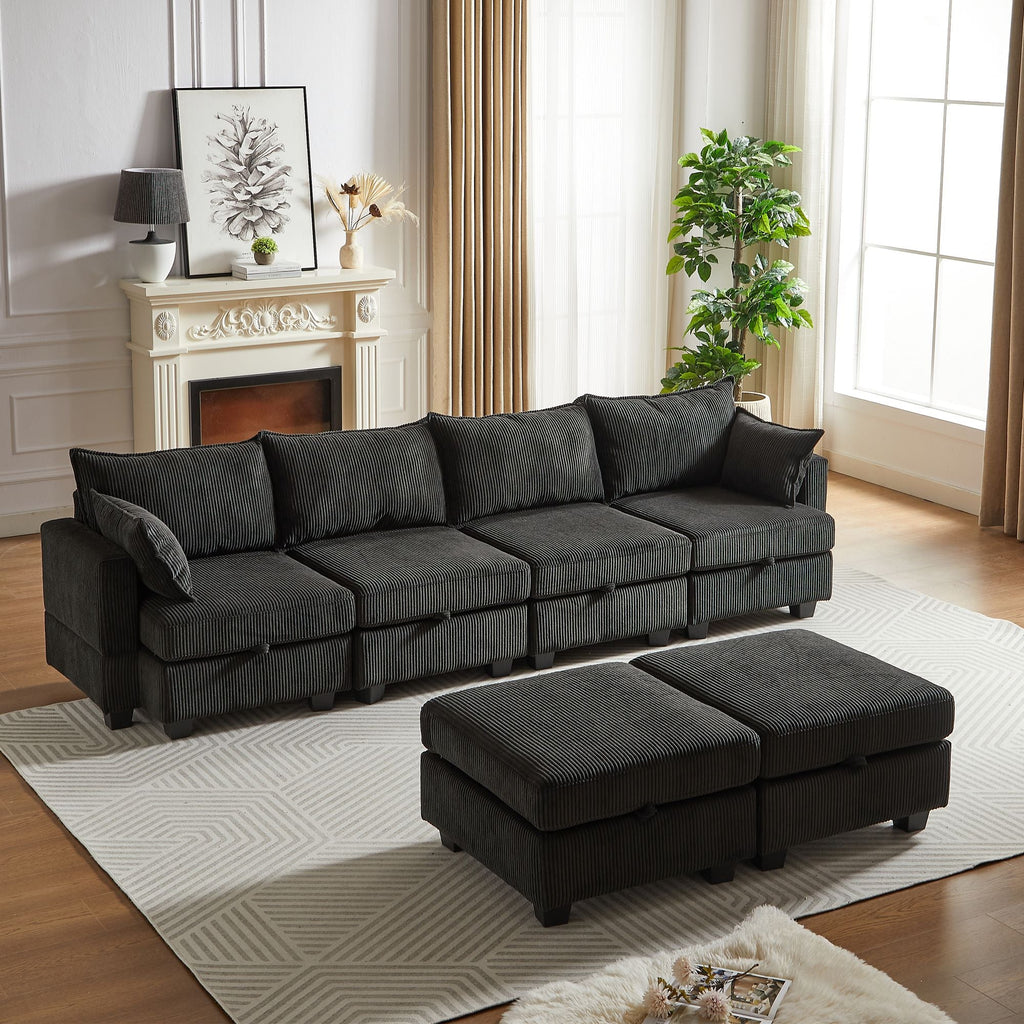 113.5'' Modular Sectiona Corduroy Sofa, Sectional Couches for Living Room U Shaped Sectional Couch with Storage Ottoman, 6 Seats Convertible Sectionals with Chaise - Comfortable Living Decor