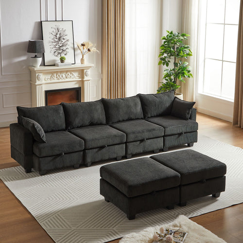 113.5'' Modular Sectiona Corduroy Sofa, Sectional Couches for Living Room U Shaped Sectional Couch with Storage Ottoman, 6 Seats Convertible Sectionals with Chaise - Comfortable Living Decor