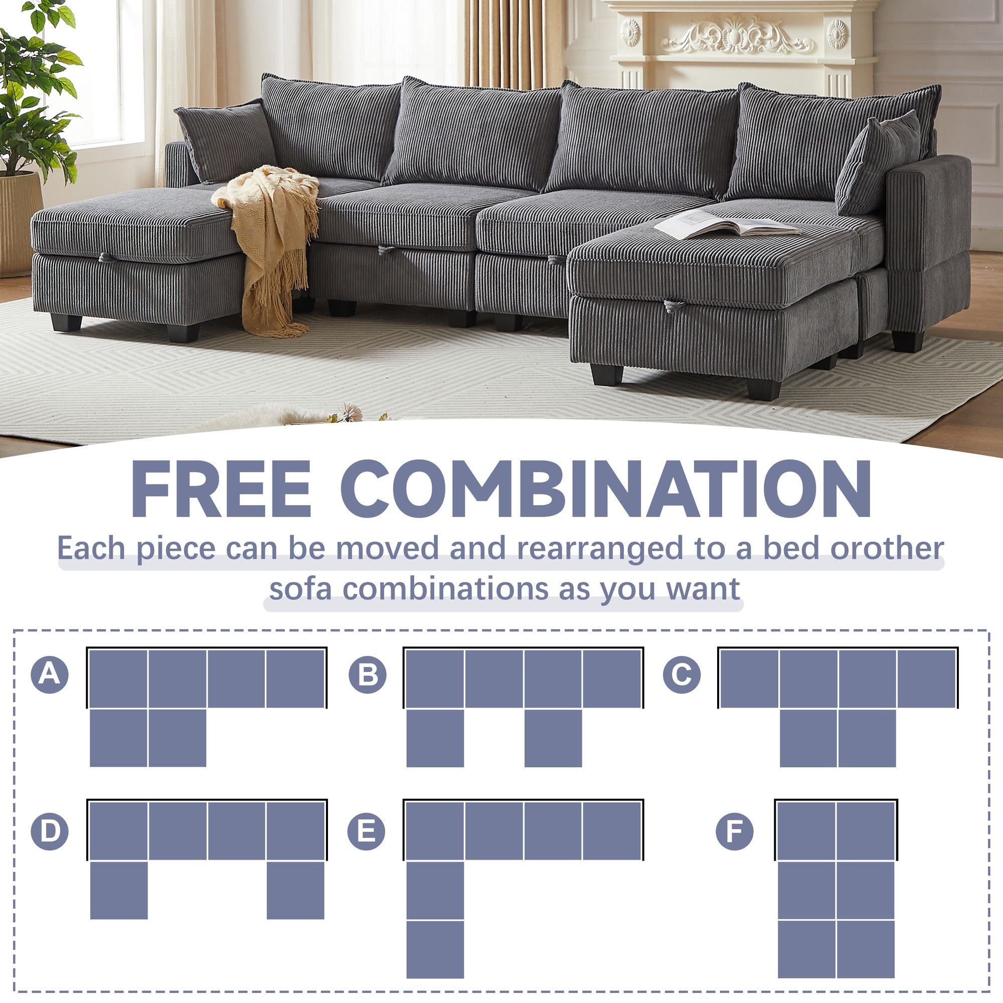 113.5'' Modular Sectiona Corduroy Sofa, Sectional Couches for Living Room U Shaped Sectional Couch with Storage Ottoman, 6 Seats Convertible Sectionals with Chaise - Comfortable Living Decor