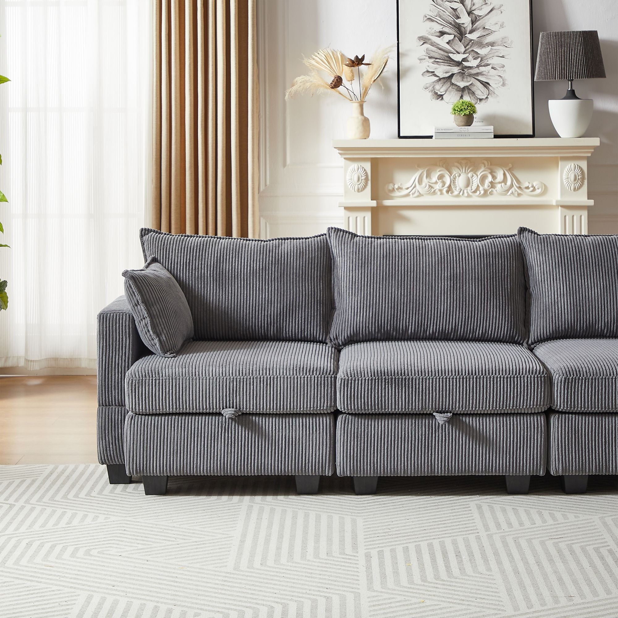 113.5'' Modular Sectiona Corduroy Sofa, Sectional Couches for Living Room U Shaped Sectional Couch with Storage Ottoman, 6 Seats Convertible Sectionals with Chaise - Comfortable Living Decor
