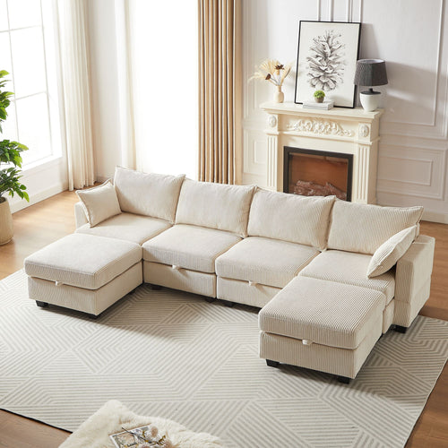113.5'' Modular Sectiona Corduroy Sofa, Sectional Couches for Living Room U Shaped Sectional Couch with Storage Ottoman, 6 Seats Convertible Sectionals with Chaise - Comfortable Living Decor
