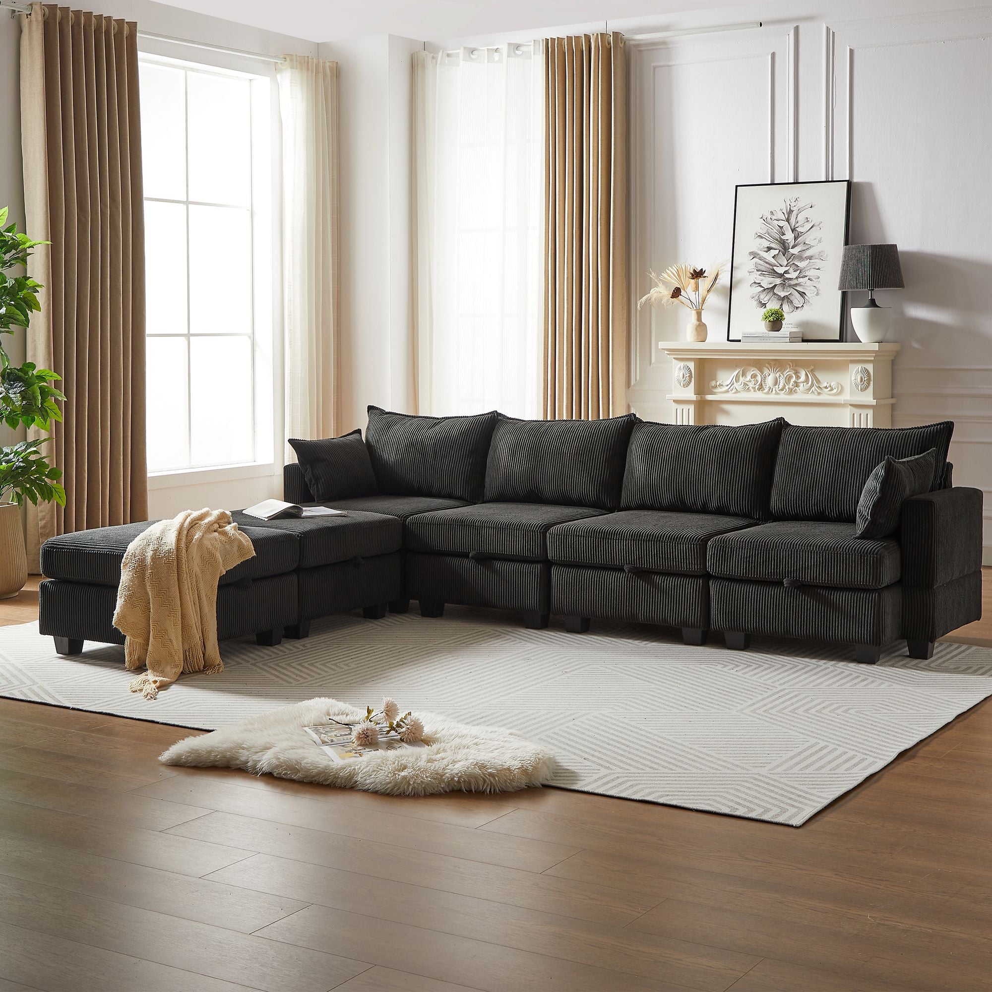 113.5'' Modular Sectiona Corduroy Sofa, Sectional Couches for Living Room U Shaped Sectional Couch with Storage Ottoman, 6 Seats Convertible Sectionals with Chaise - Comfortable Living Decor