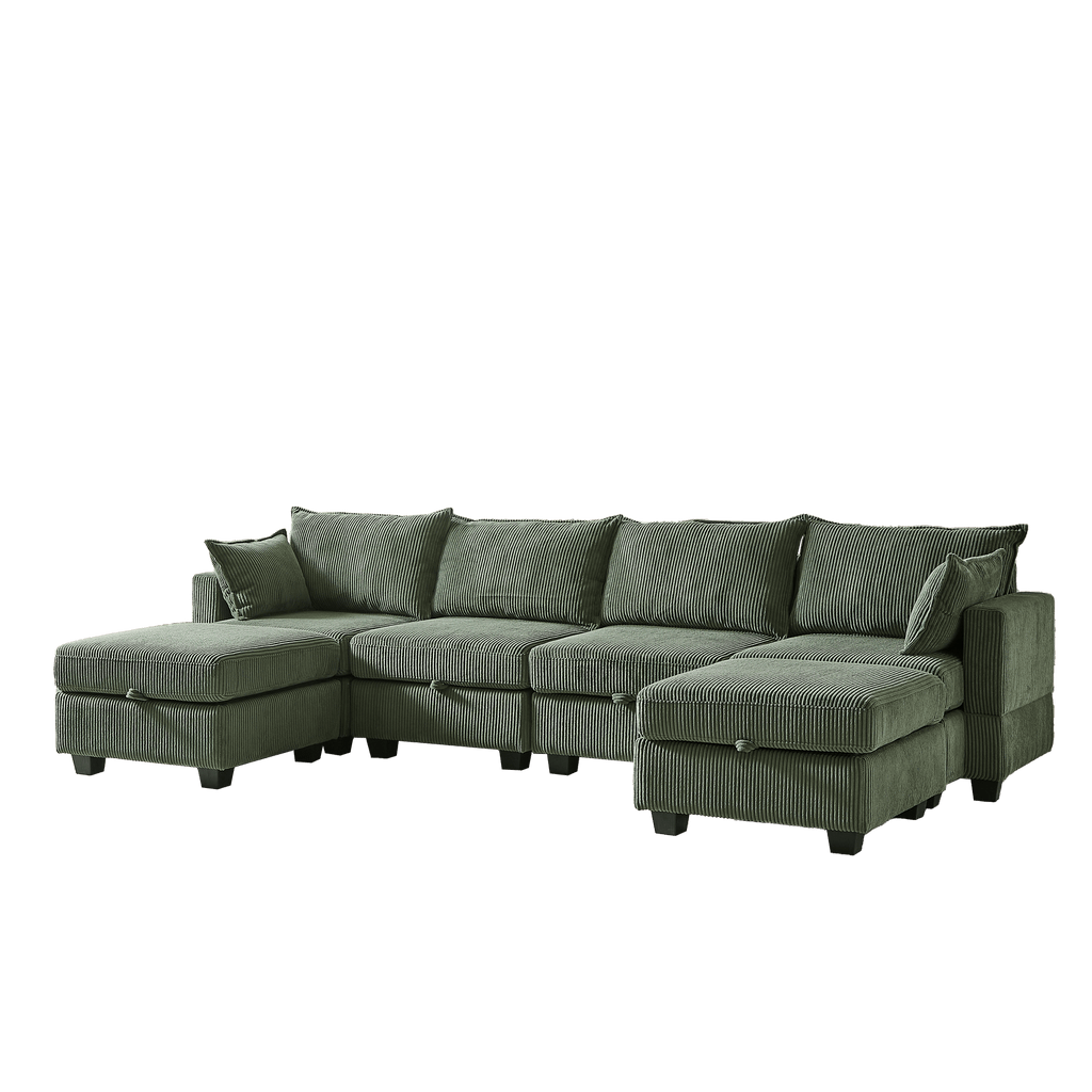 113.5'' Modular Sectiona Corduroy Sofa, Sectional Couches for Living Room U Shaped Sectional Couch with Storage Ottoman, 6 Seats Convertible Sectionals with Chaise - Comfortable Living Decor