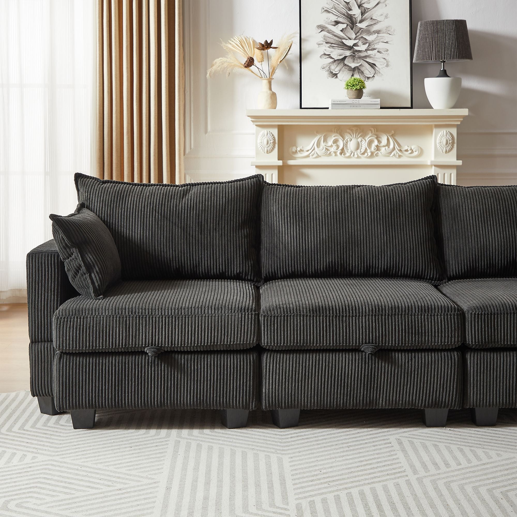 113.5'' Modular Sectiona Corduroy Sofa, Sectional Couches for Living Room U Shaped Sectional Couch with Storage Ottoman, 6 Seats Convertible Sectionals with Chaise - Comfortable Living Decor