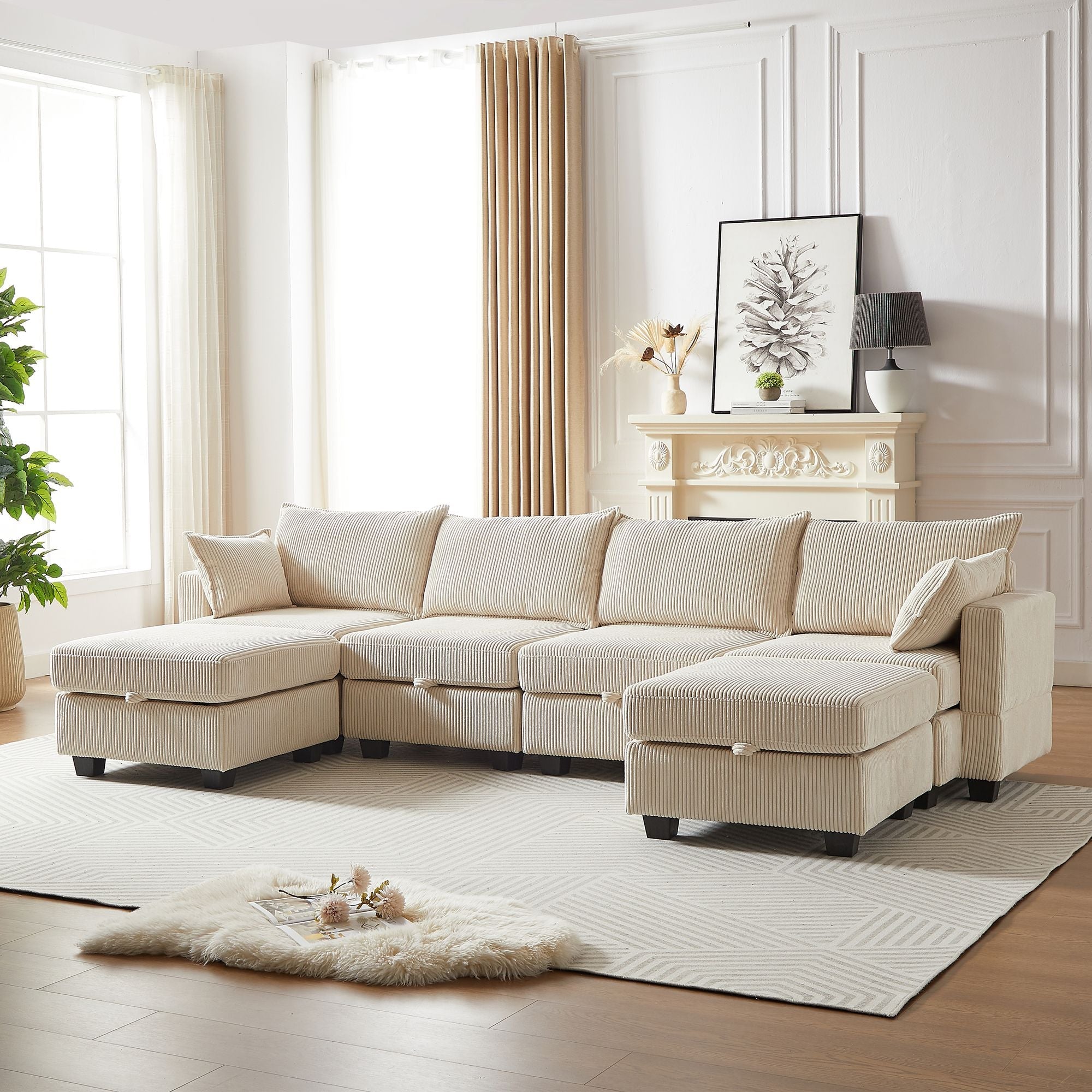 113.5'' Modular Sectiona Corduroy Sofa, Sectional Couches for Living Room U Shaped Sectional Couch with Storage Ottoman, 6 Seats Convertible Sectionals with Chaise - Comfortable Living Decor