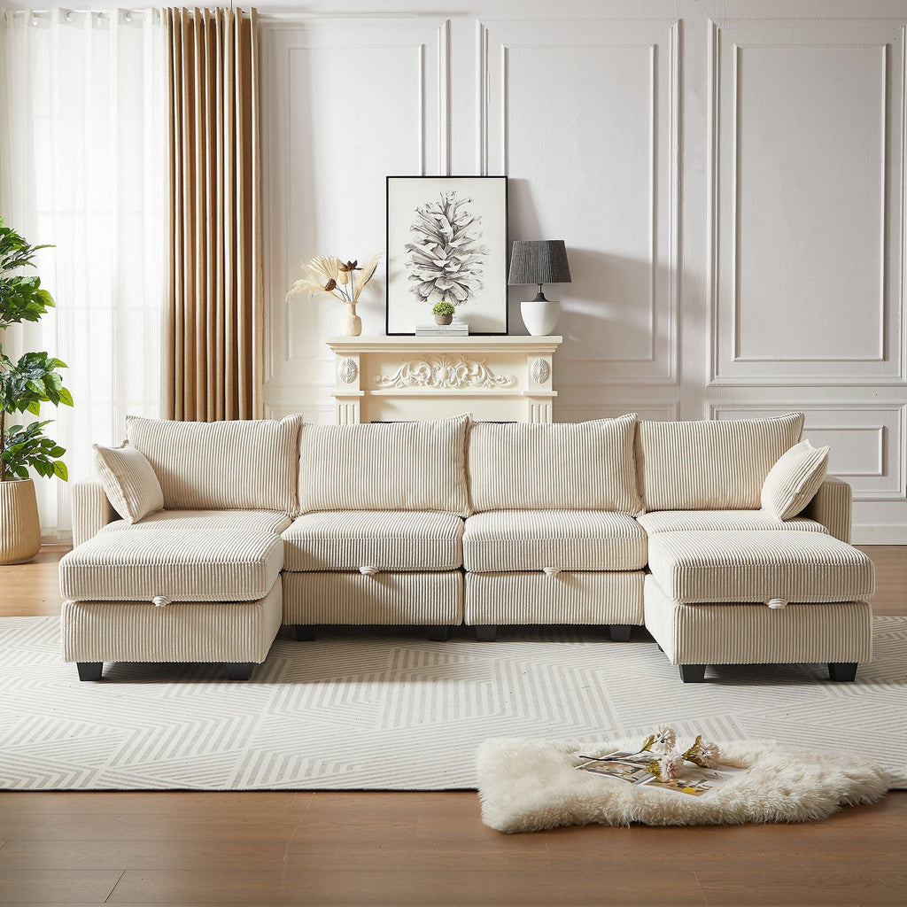113.5'' Modular Sectiona Corduroy Sofa, Sectional Couches for Living Room U Shaped Sectional Couch with Storage Ottoman, 6 Seats Convertible Sectionals with Chaise - Comfortable Living Decor