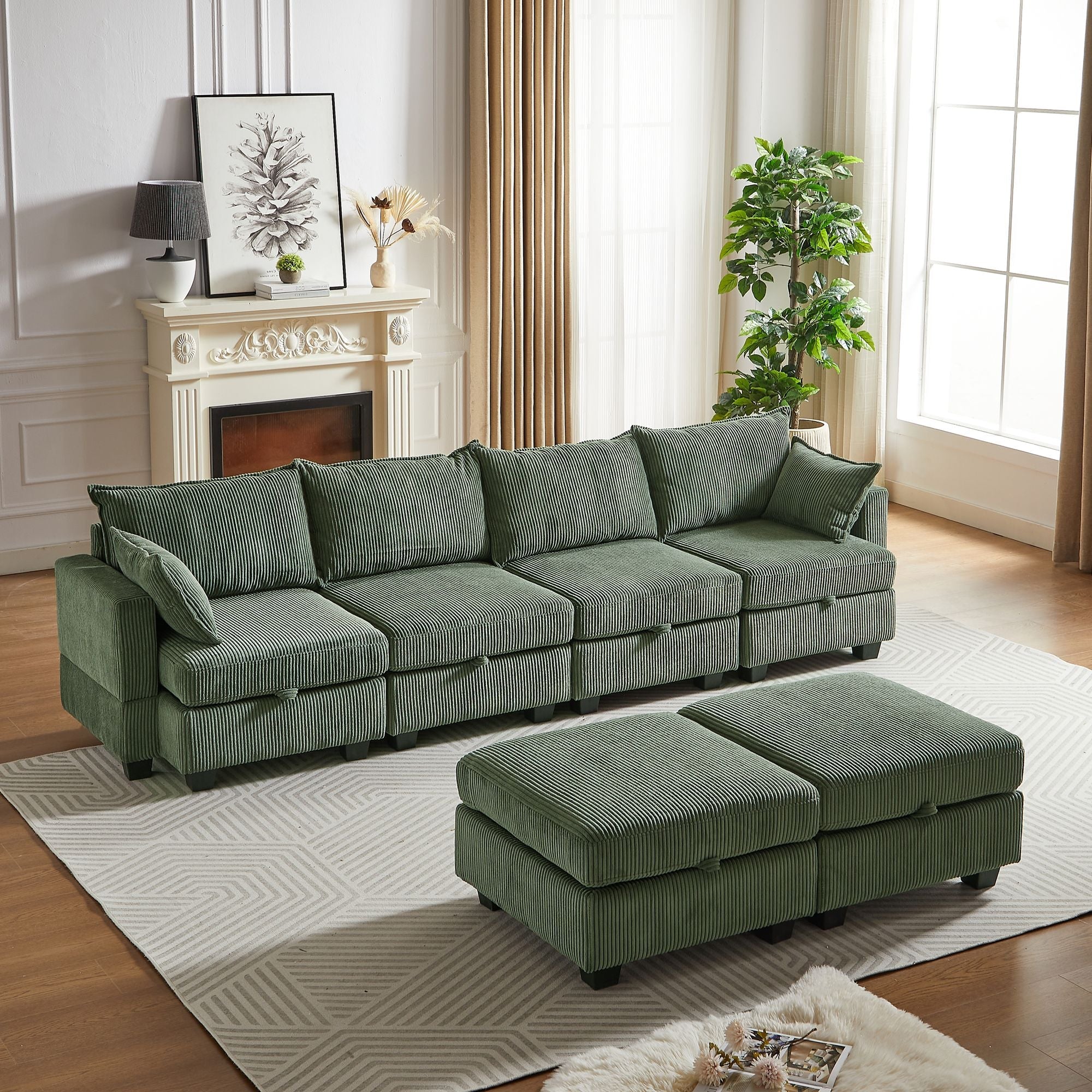 113.5'' Modular Sectiona Corduroy Sofa, Sectional Couches for Living Room U Shaped Sectional Couch with Storage Ottoman, 6 Seats Convertible Sectionals with Chaise - Comfortable Living Decor