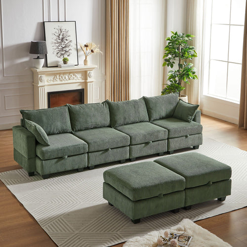 113.5'' Modular Sectiona Corduroy Sofa, Sectional Couches for Living Room U Shaped Sectional Couch with Storage Ottoman, 6 Seats Convertible Sectionals with Chaise - Comfortable Living Decor