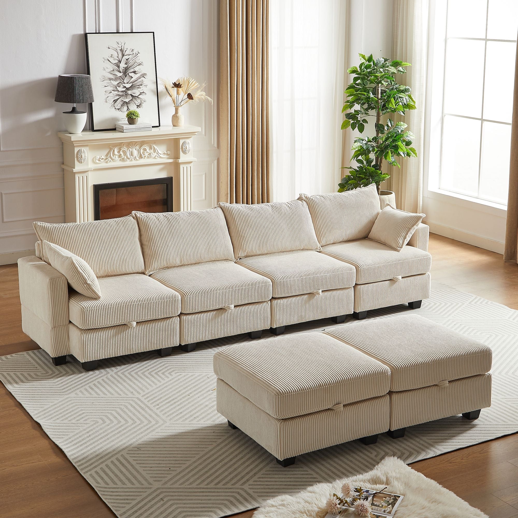 113.5'' Modular Sectiona Corduroy Sofa, Sectional Couches for Living Room U Shaped Sectional Couch with Storage Ottoman, 6 Seats Convertible Sectionals with Chaise - Comfortable Living Decor
