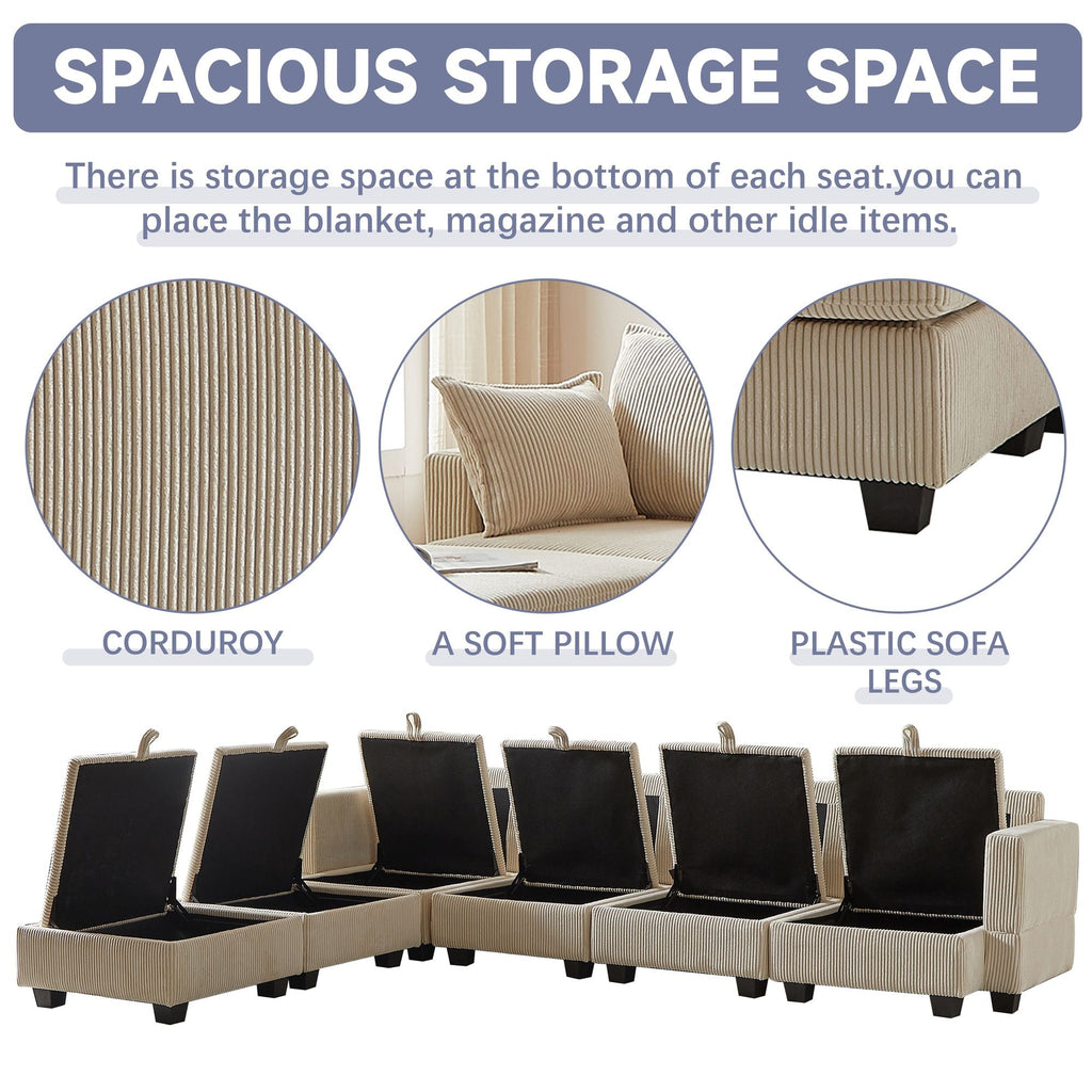 113.5'' Modular Sectiona Corduroy Sofa, Sectional Couches for Living Room U Shaped Sectional Couch with Storage Ottoman, 6 Seats Convertible Sectionals with Chaise - Comfortable Living Decor