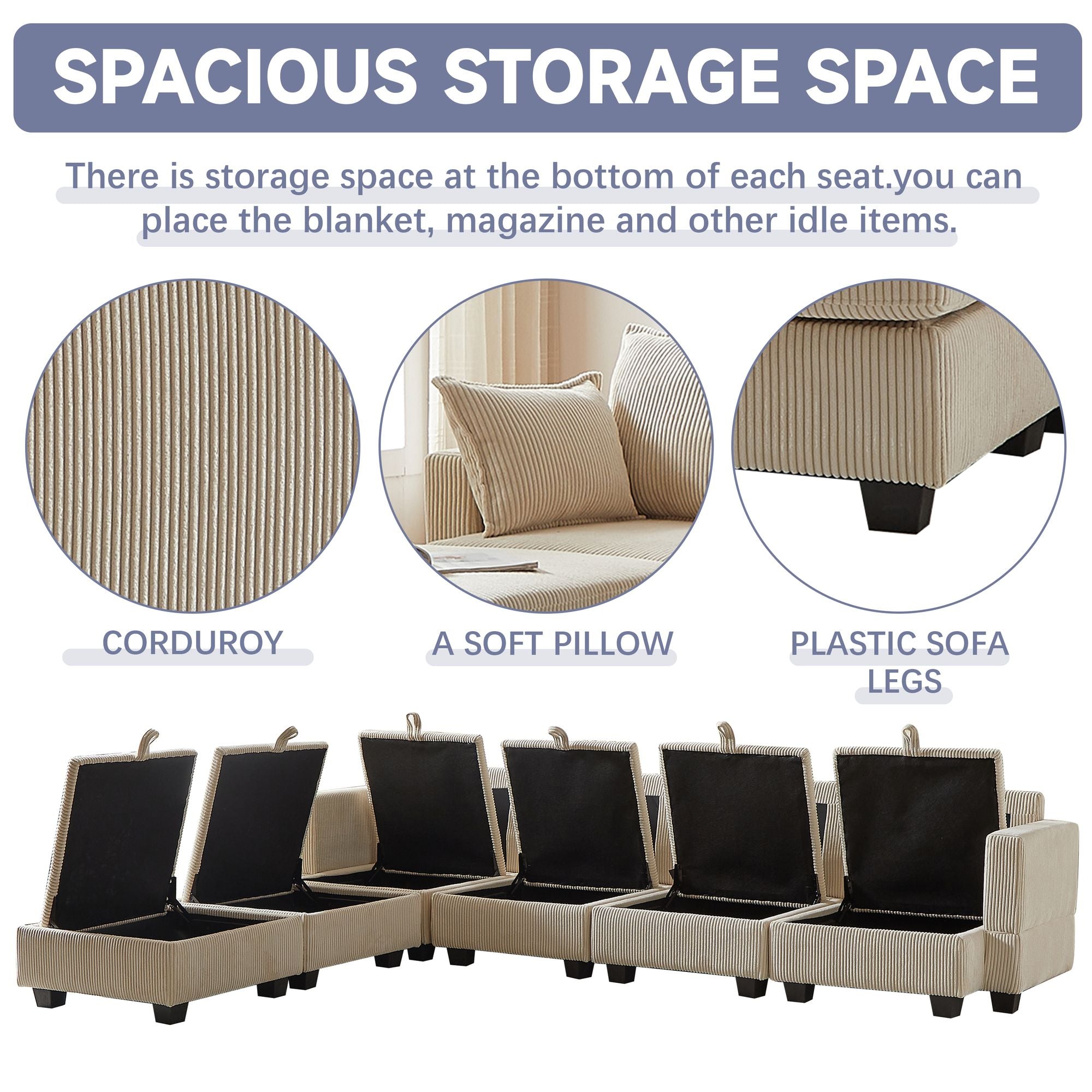 113.5'' Modular Sectiona Corduroy Sofa, Sectional Couches for Living Room U Shaped Sectional Couch with Storage Ottoman, 6 Seats Convertible Sectionals with Chaise - Comfortable Living Decor