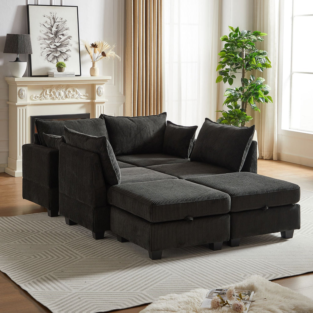 113.5'' Modular Sectiona Corduroy Sofa, Sectional Couches for Living Room U Shaped Sectional Couch with Storage Ottoman, 6 Seats Convertible Sectionals with Chaise - Comfortable Living Decor