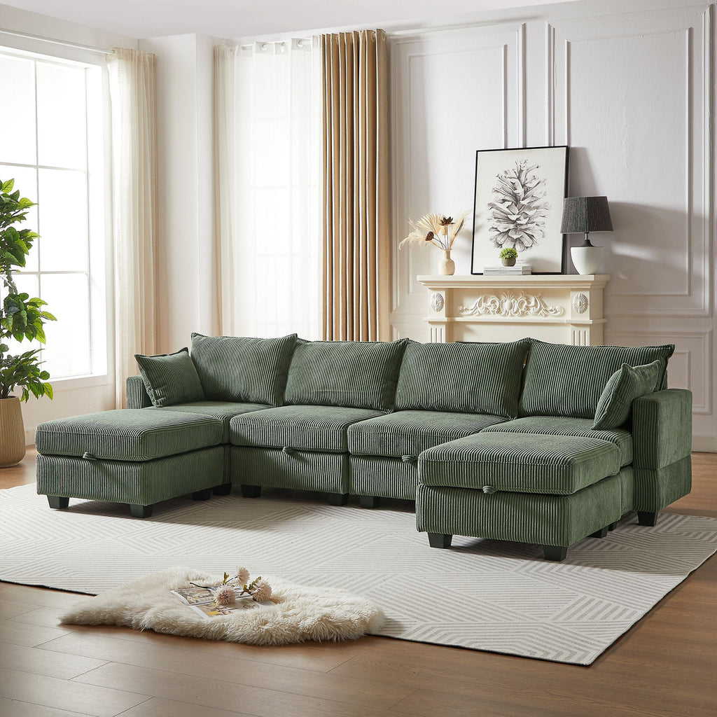 113.5'' Modular Sectiona Corduroy Sofa, Sectional Couches for Living Room U Shaped Sectional Couch with Storage Ottoman, 6 Seats Convertible Sectionals with Chaise - Comfortable Living Decor