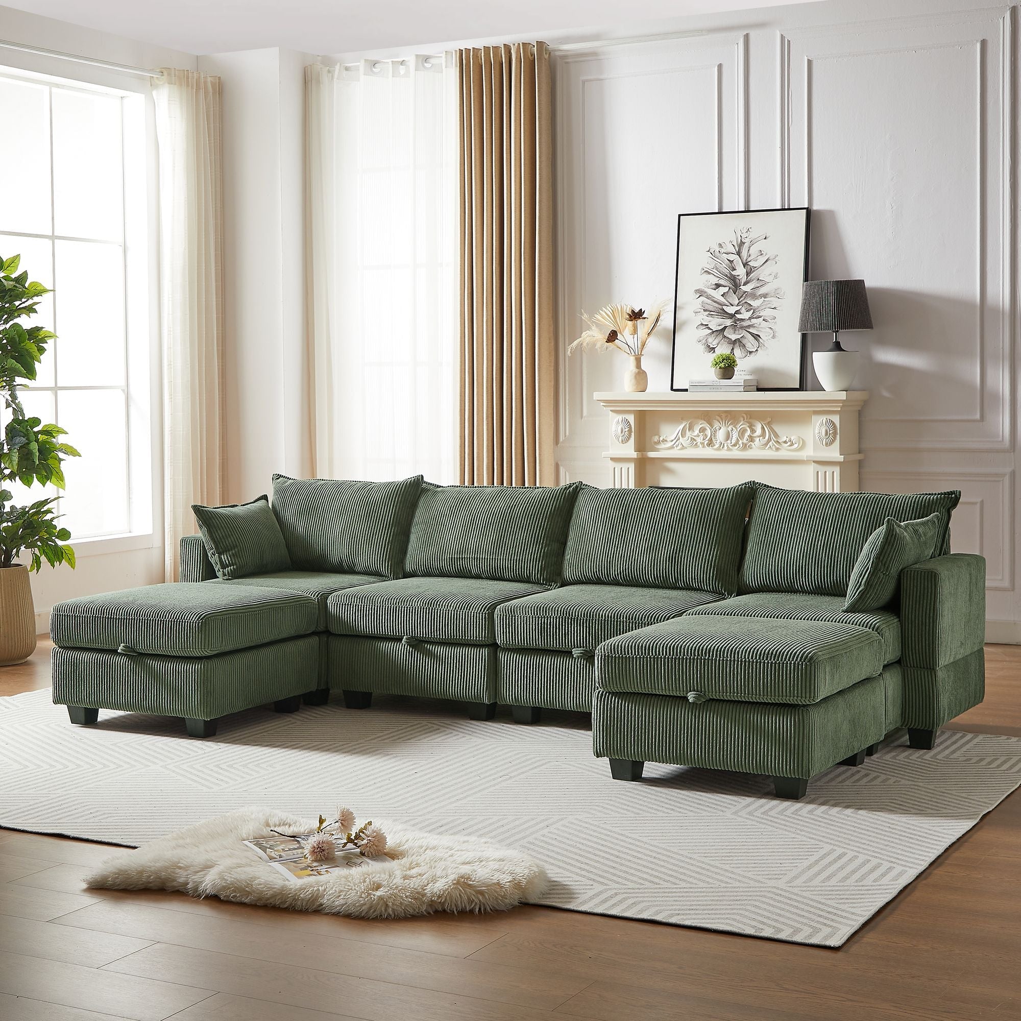 113.5'' Modular Sectiona Corduroy Sofa, Sectional Couches for Living Room U Shaped Sectional Couch with Storage Ottoman, 6 Seats Convertible Sectionals with Chaise - Comfortable Living Decor