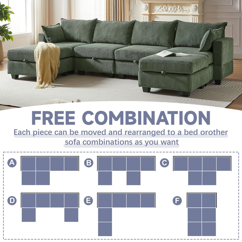 113.5'' Modular Sectiona Corduroy Sofa, Sectional Couches for Living Room U Shaped Sectional Couch with Storage Ottoman, 6 Seats Convertible Sectionals with Chaise - Comfortable Living Decor