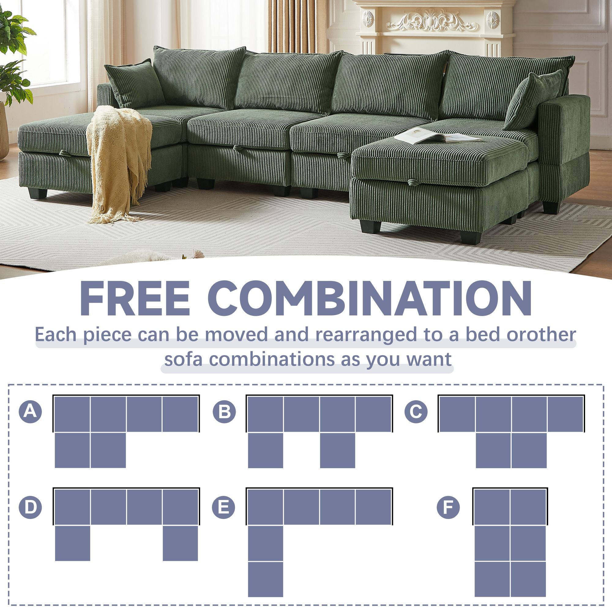 113.5'' Modular Sectiona Corduroy Sofa, Sectional Couches for Living Room U Shaped Sectional Couch with Storage Ottoman, 6 Seats Convertible Sectionals with Chaise - Comfortable Living Decor