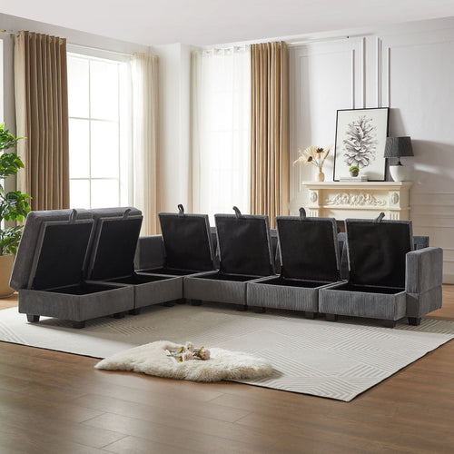 113.5'' Modular Sectiona Corduroy Sofa, Sectional Couches for Living Room U Shaped Sectional Couch with Storage Ottoman, 6 Seats Convertible Sectionals with Chaise - Comfortable Living Decor