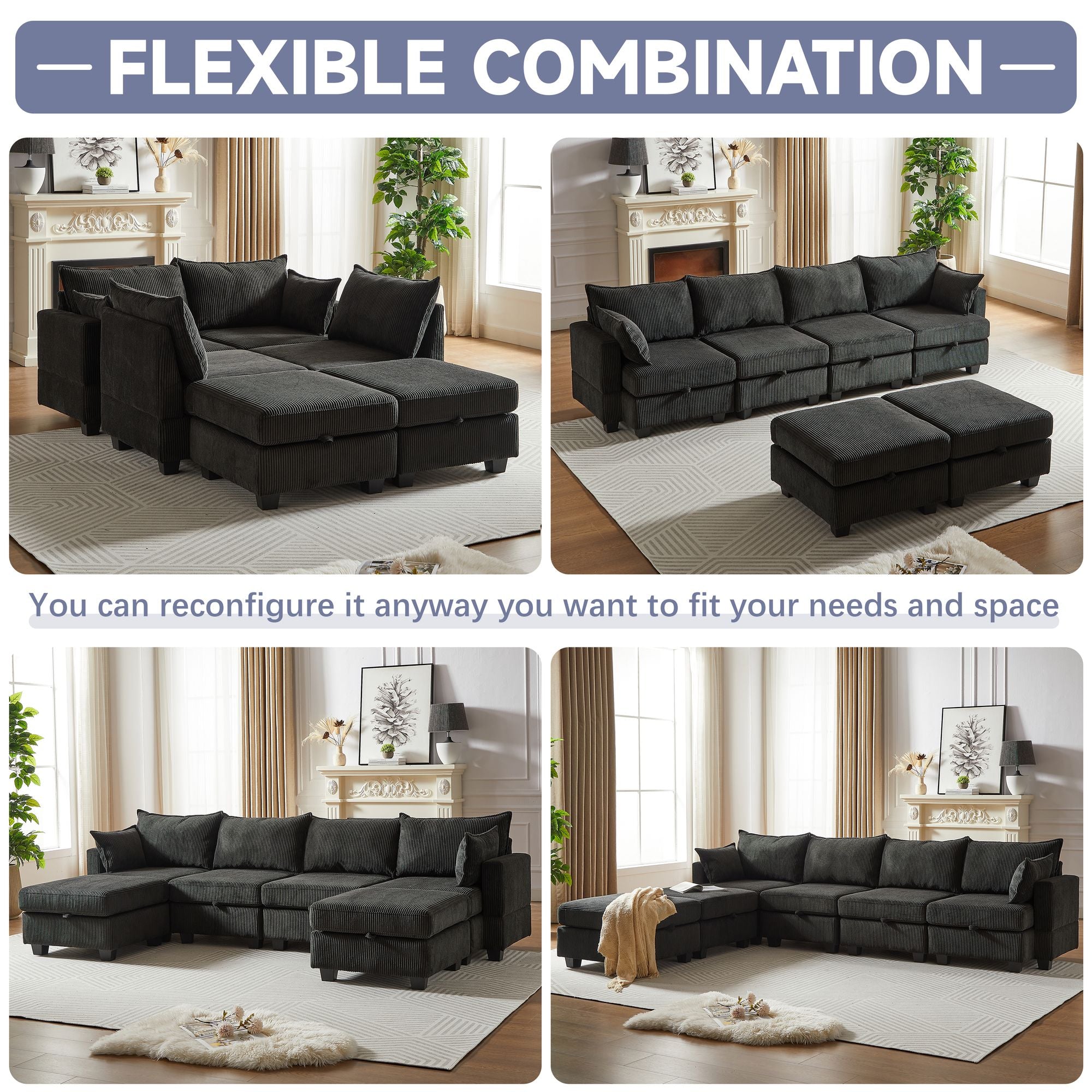 113.5'' Modular Sectiona Corduroy Sofa, Sectional Couches for Living Room U Shaped Sectional Couch with Storage Ottoman, 6 Seats Convertible Sectionals with Chaise - Comfortable Living Decor