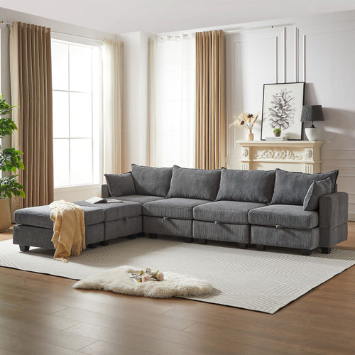 113.5'' Modular Sectiona Corduroy Sofa, Sectional Couches for Living Room U Shaped Sectional Couch with Storage Ottoman, 6 Seats Convertible Sectionals with Chaise - Comfortable Living Decor