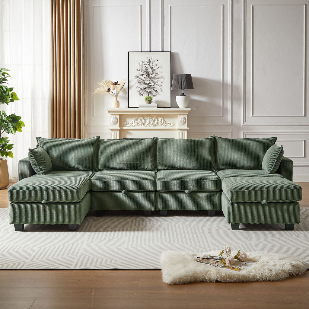 113.5'' Modular Sectiona Corduroy Sofa, Sectional Couches for Living Room U Shaped Sectional Couch with Storage Ottoman, 6 Seats Convertible Sectionals with Chaise - Comfortable Living Decor