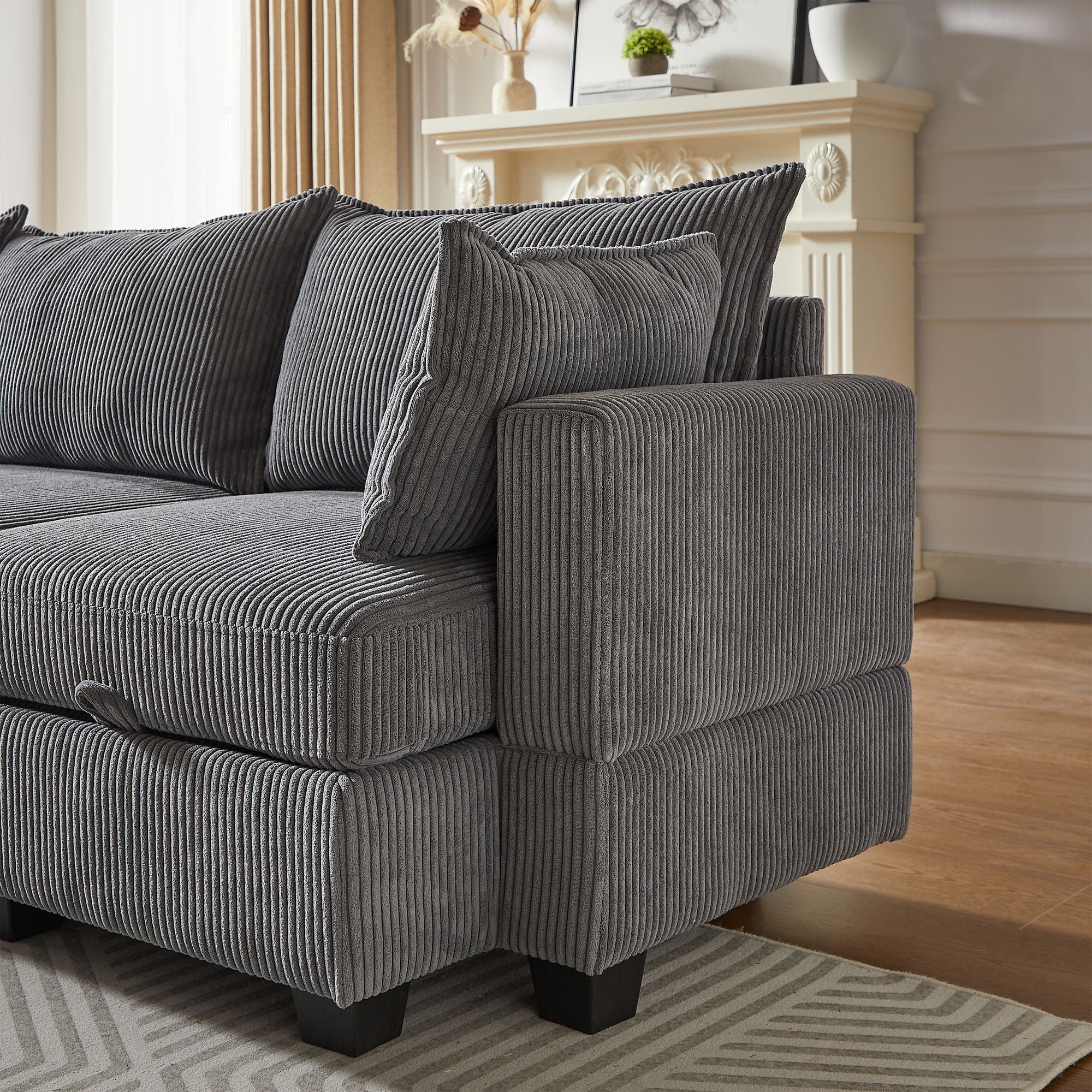 113.5'' Modular Sectiona Corduroy Sofa, Sectional Couches for Living Room U Shaped Sectional Couch with Storage Ottoman, 6 Seats Convertible Sectionals with Chaise - Comfortable Living Decor