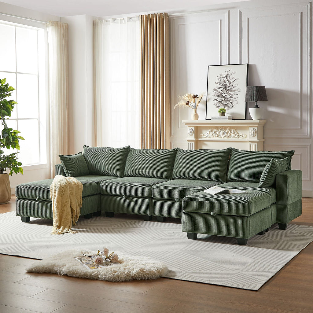 113.5'' Modular Sectiona Corduroy Sofa, Sectional Couches for Living Room U Shaped Sectional Couch with Storage Ottoman, 6 Seats Convertible Sectionals with Chaise - Comfortable Living Decor