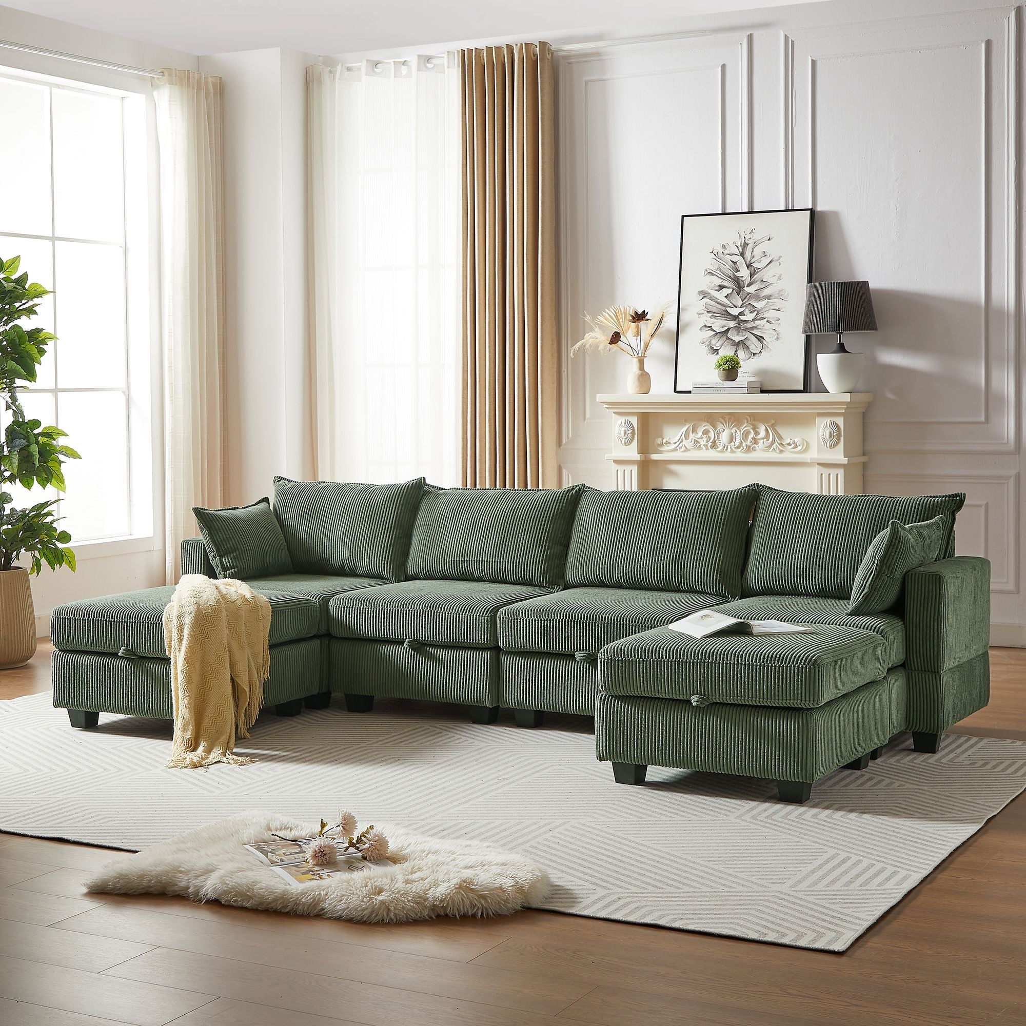 113.5'' Modular Sectiona Corduroy Sofa, Sectional Couches for Living Room U Shaped Sectional Couch with Storage Ottoman, 6 Seats Convertible Sectionals with Chaise - Comfortable Living Decor
