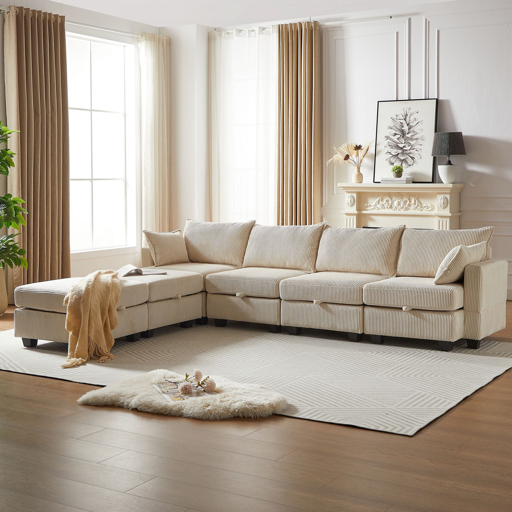 113.5'' Modular Sectiona Corduroy Sofa, Sectional Couches for Living Room U Shaped Sectional Couch with Storage Ottoman, 6 Seats Convertible Sectionals with Chaise - Comfortable Living Decor
