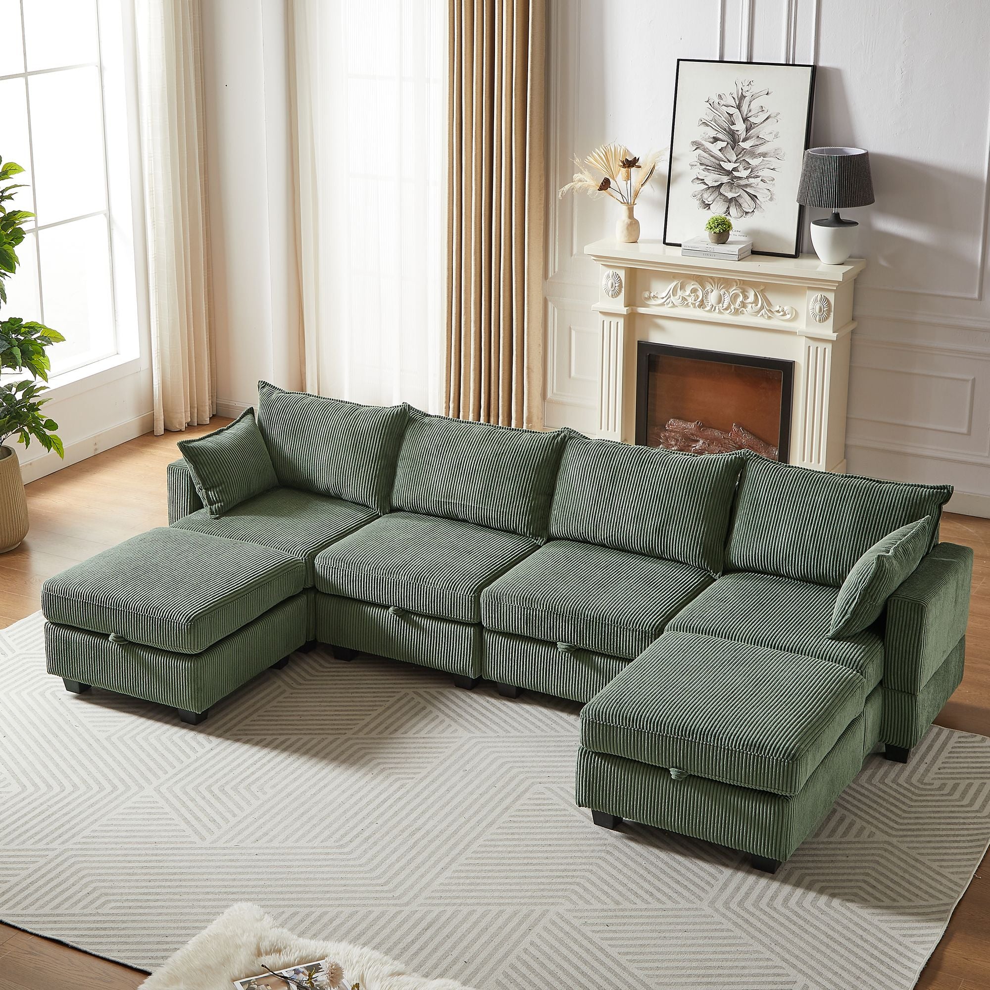 113.5'' Modular Sectiona Corduroy Sofa, Sectional Couches for Living Room U Shaped Sectional Couch with Storage Ottoman, 6 Seats Convertible Sectionals with Chaise - Comfortable Living Decor