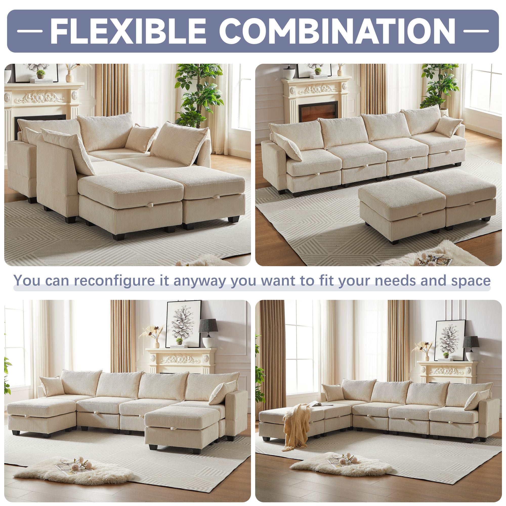 113.5'' Modular Sectiona Corduroy Sofa, Sectional Couches for Living Room U Shaped Sectional Couch with Storage Ottoman, 6 Seats Convertible Sectionals with Chaise - Comfortable Living Decor