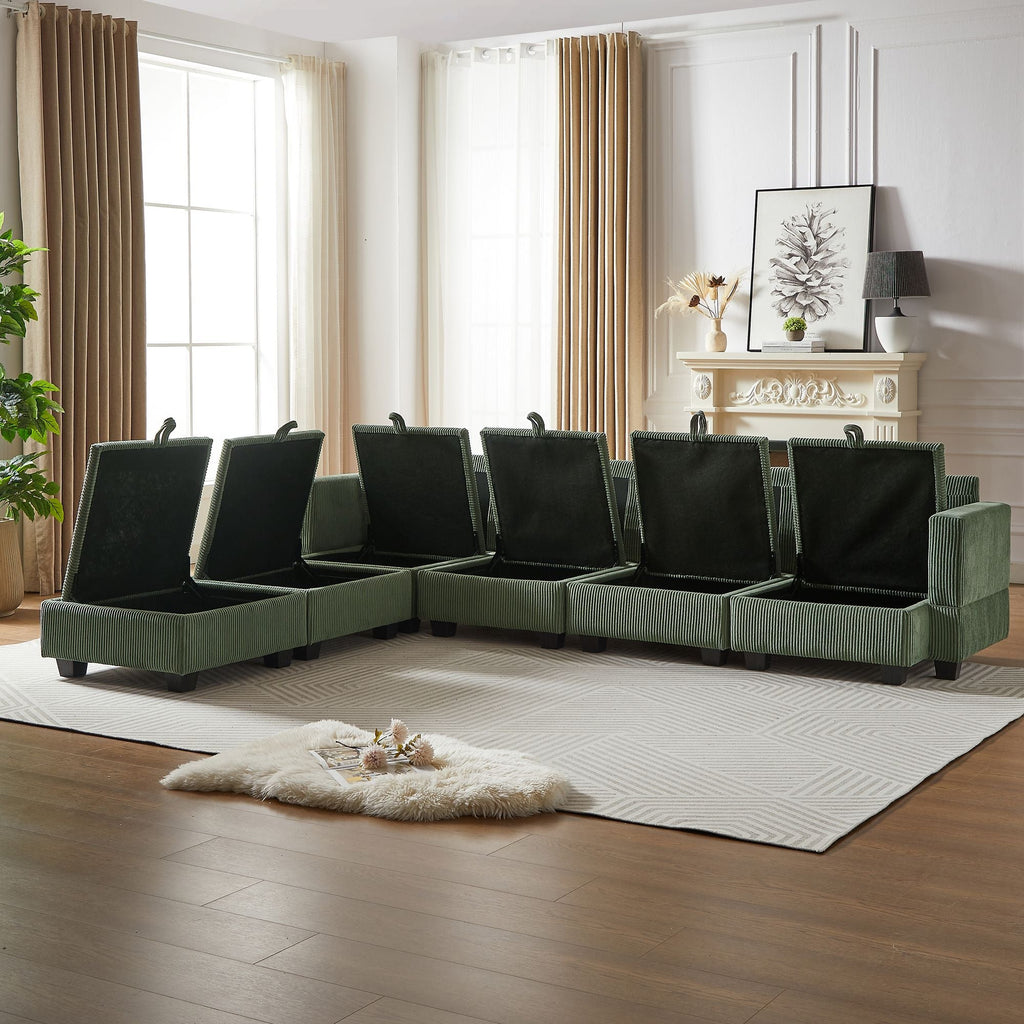 113.5'' Modular Sectiona Corduroy Sofa, Sectional Couches for Living Room U Shaped Sectional Couch with Storage Ottoman, 6 Seats Convertible Sectionals with Chaise - Comfortable Living Decor