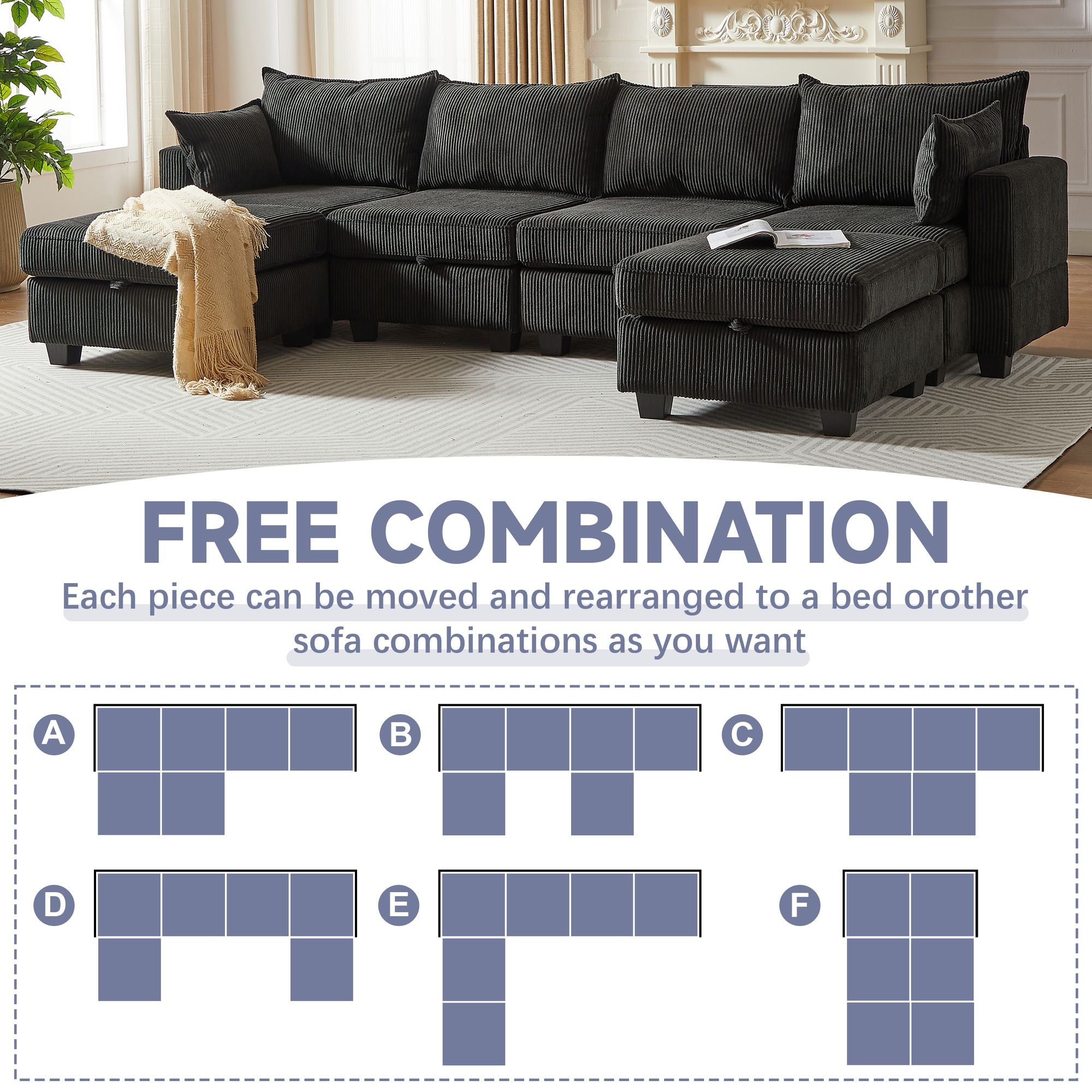 113.5'' Modular Sectiona Corduroy Sofa, Sectional Couches for Living Room U Shaped Sectional Couch with Storage Ottoman, 6 Seats Convertible Sectionals with Chaise - Comfortable Living Decor