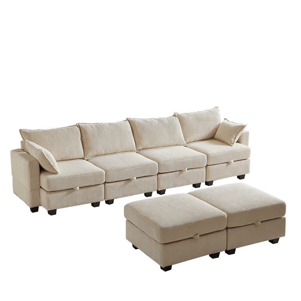113.5'' Modular Sectiona Corduroy Sofa, Sectional Couches for Living Room U Shaped Sectional Couch with Storage Ottoman, 6 Seats Convertible Sectionals with Chaise - Comfortable Living Decor
