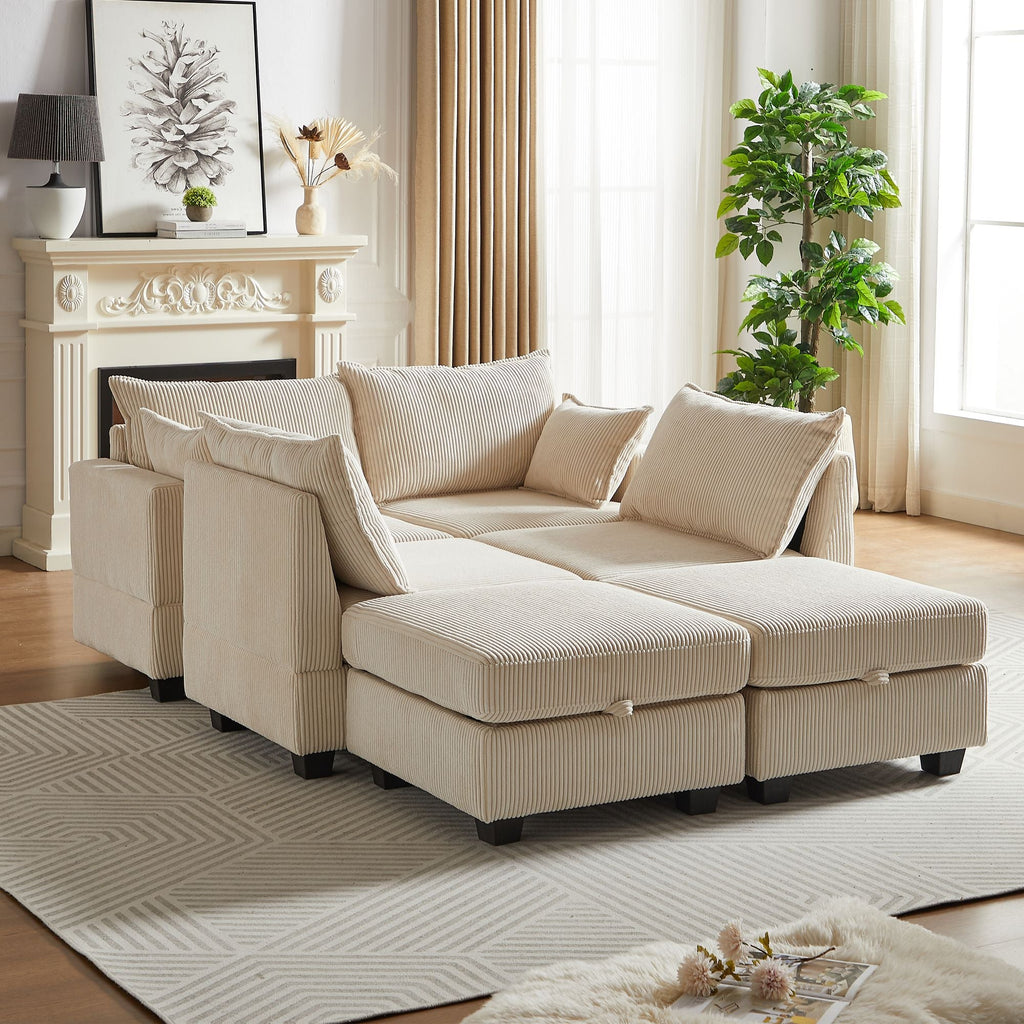 113.5'' Modular Sectiona Corduroy Sofa, Sectional Couches for Living Room U Shaped Sectional Couch with Storage Ottoman, 6 Seats Convertible Sectionals with Chaise - Comfortable Living Decor