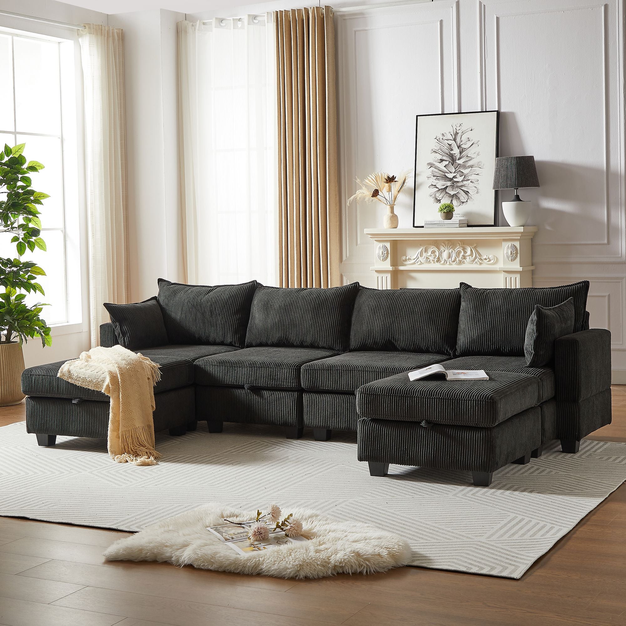 113.5'' Modular Sectiona Corduroy Sofa, Sectional Couches for Living Room U Shaped Sectional Couch with Storage Ottoman, 6 Seats Convertible Sectionals with Chaise - Comfortable Living Decor