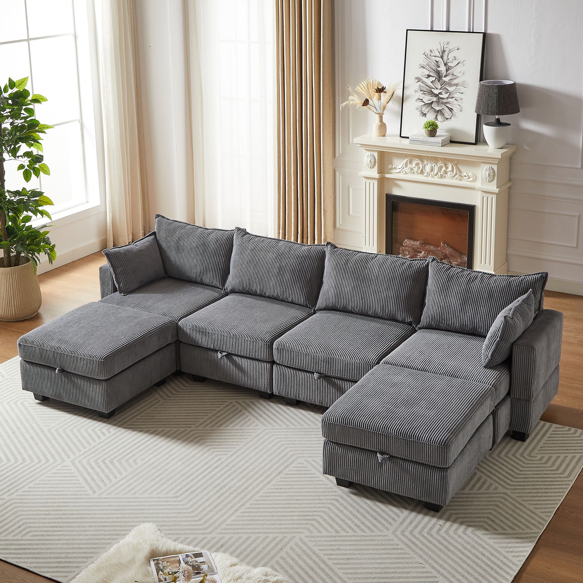 113.5'' Modular Sectiona Corduroy Sofa, Sectional Couches for Living Room U Shaped Sectional Couch with Storage Ottoman, 6 Seats Convertible Sectionals with Chaise - Comfortable Living Decor