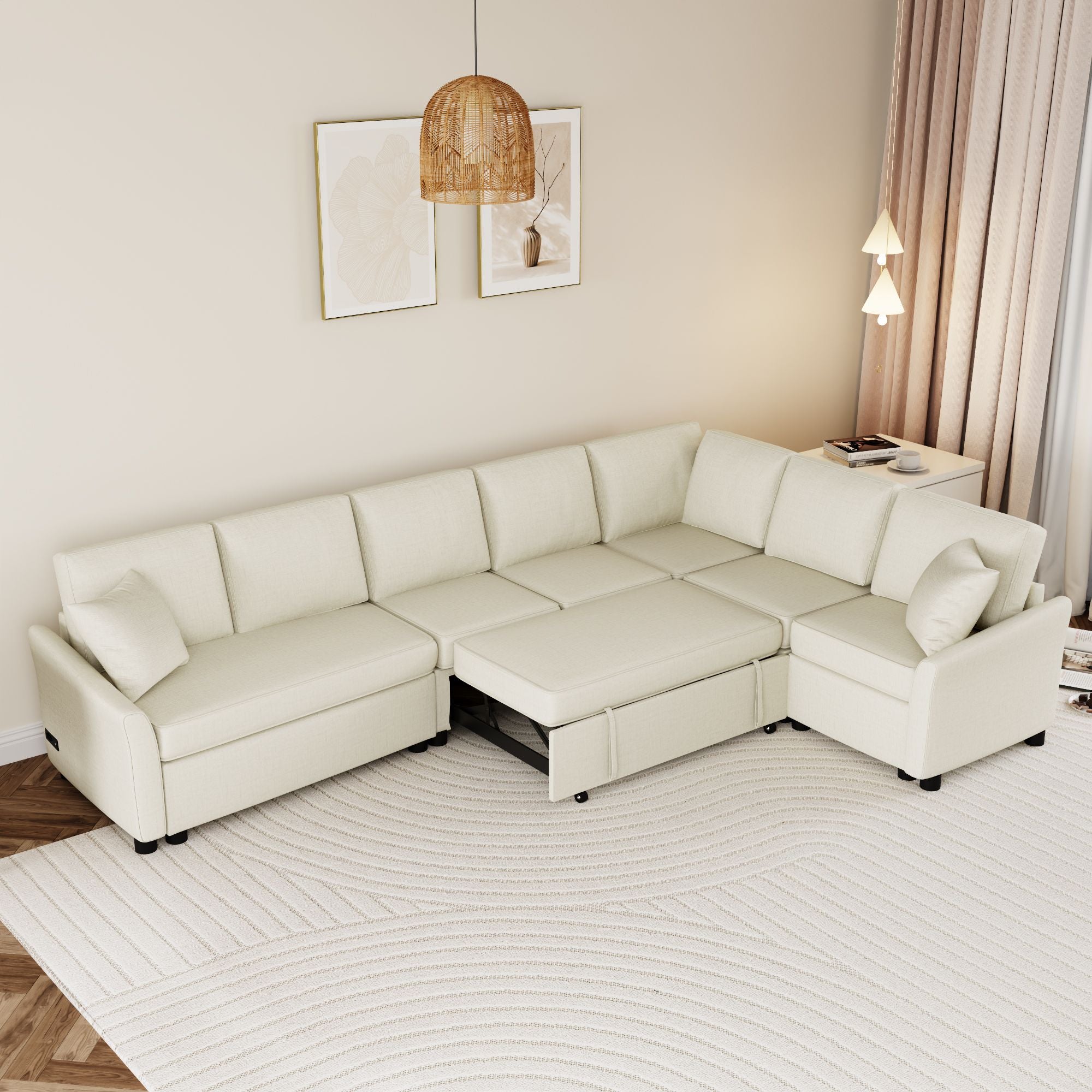 124.8"L - shaped Sofa Convertible Sofa Bed Pull Out Sofa Sleeper with Two Back Pillows, Two USB Ports and Two Power Sockets for Living Room - Comfortable Living Decor