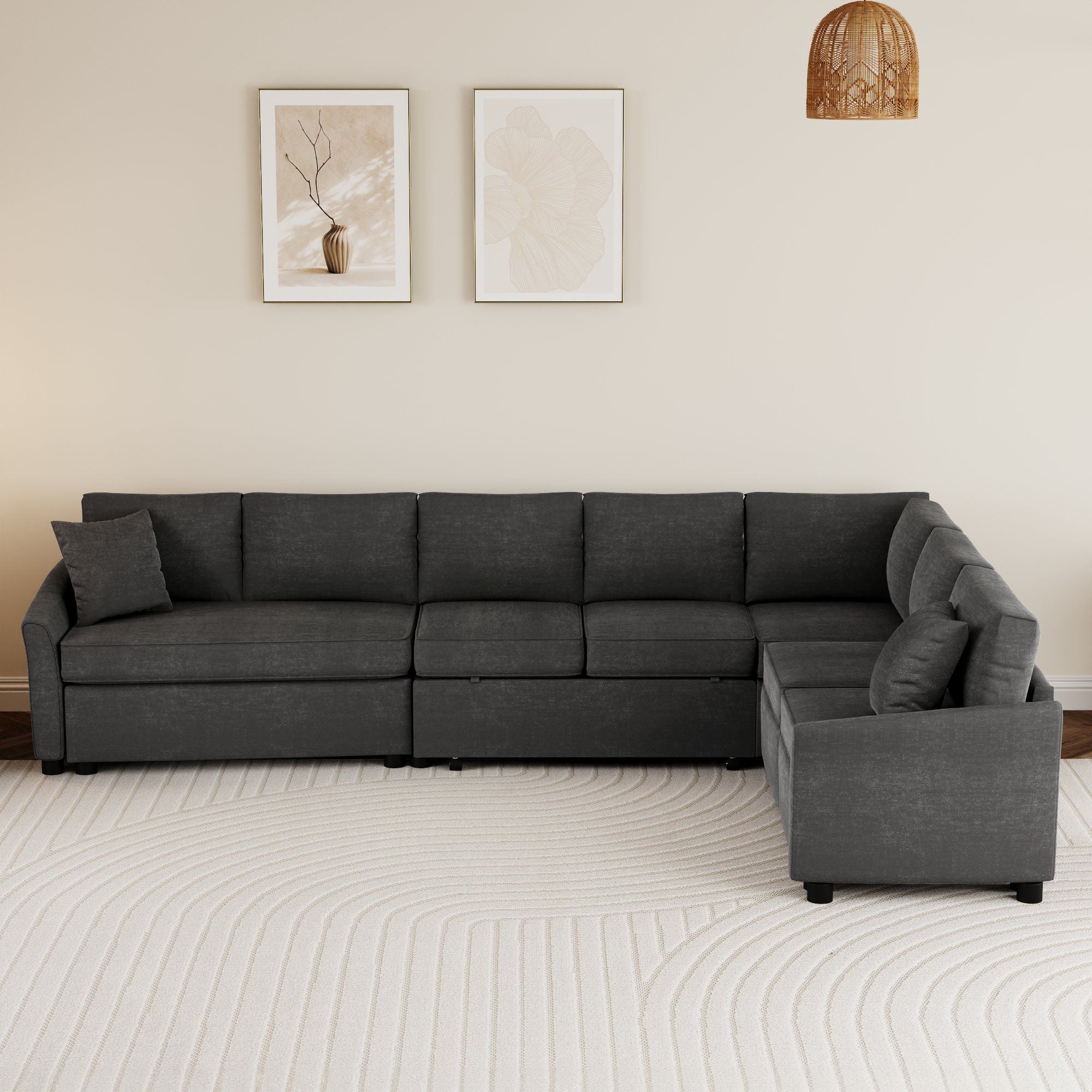 124.8"L - shaped Sofa Convertible Sofa Bed Pull Out Sofa Sleeper with Two Back Pillows, Two USB Ports and Two Power Sockets for Living Room - Comfortable Living Decor