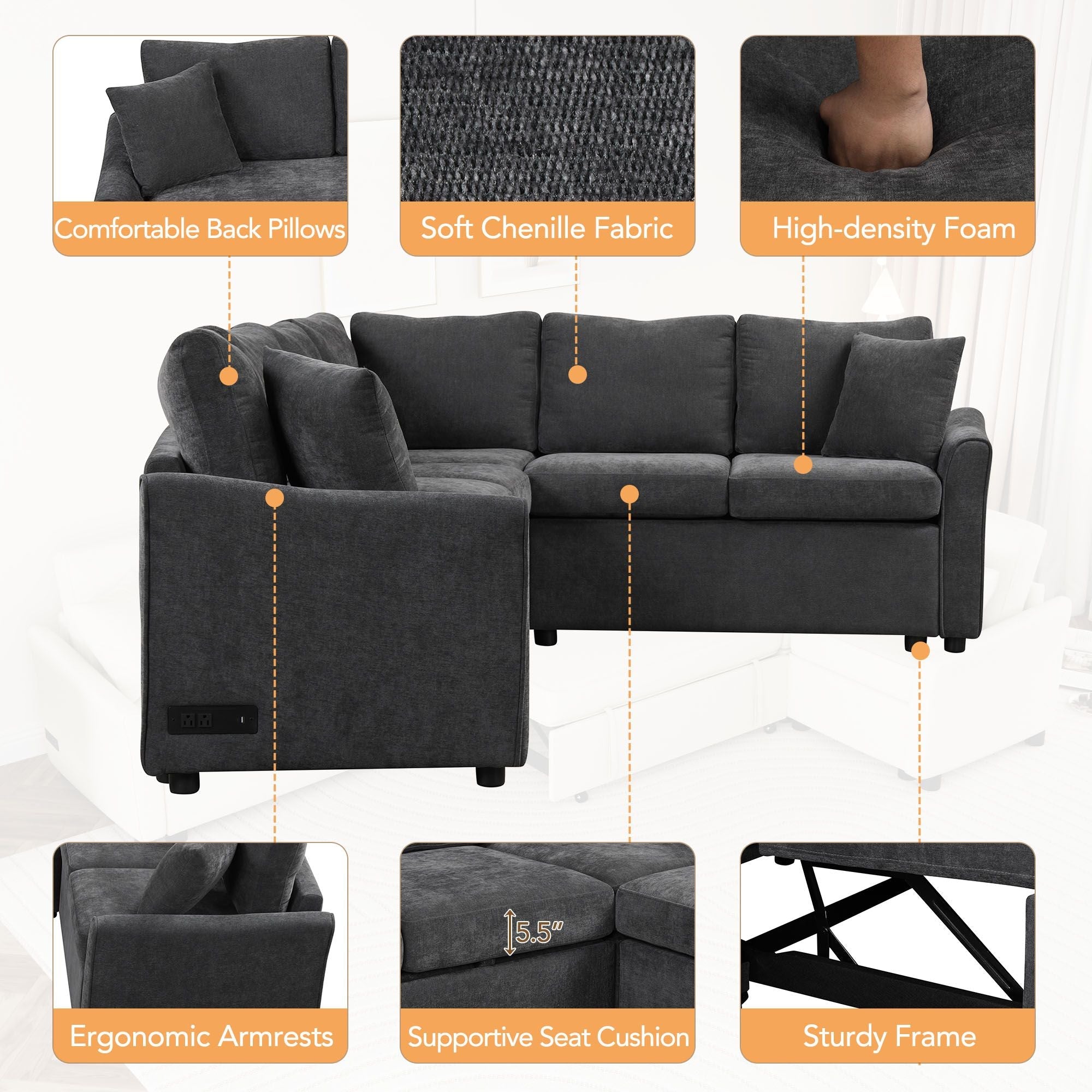124.8"L - shaped Sofa Convertible Sofa Bed Pull Out Sofa Sleeper with Two Back Pillows, Two USB Ports and Two Power Sockets for Living Room - Comfortable Living Decor