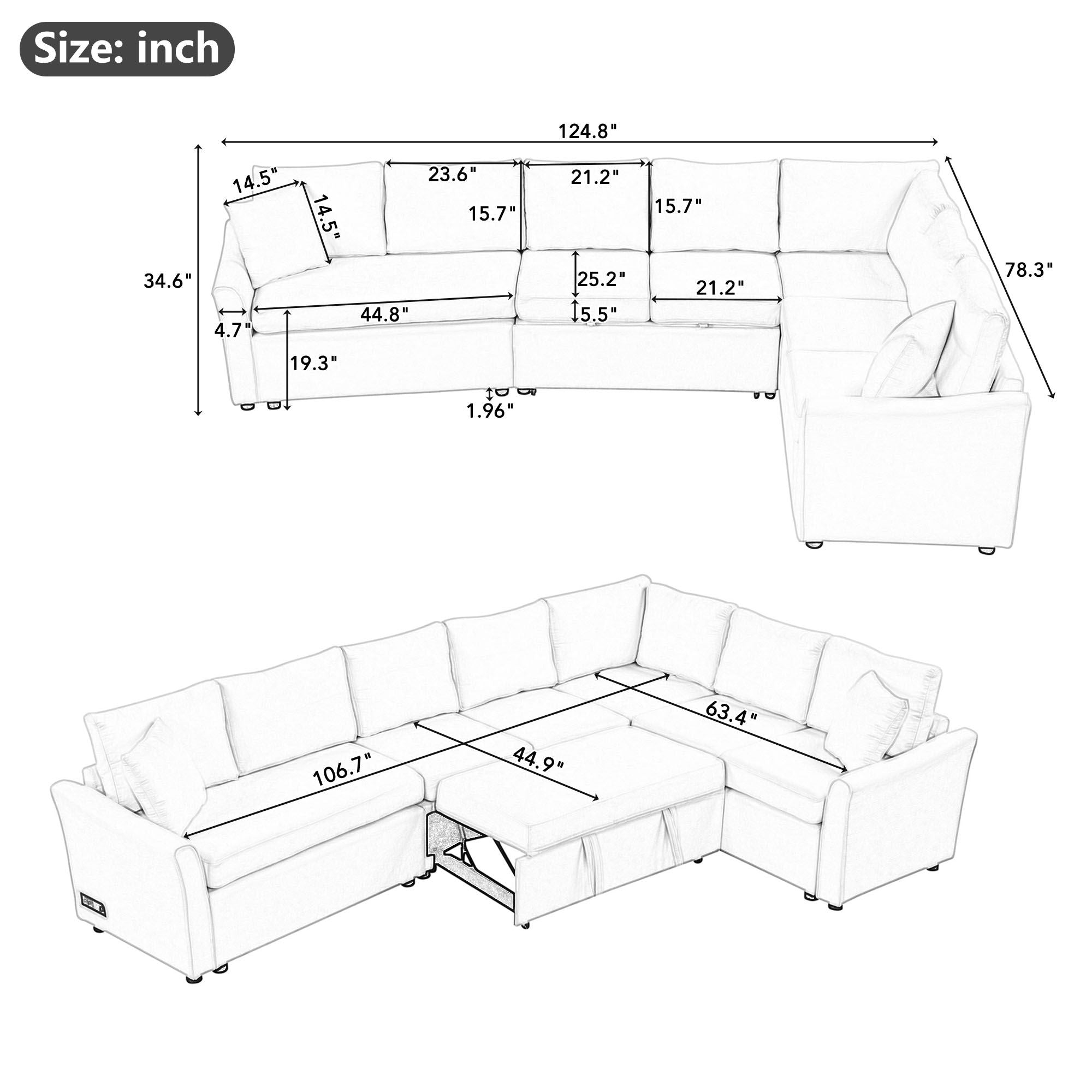 124.8"L - shaped Sofa Convertible Sofa Bed Pull Out Sofa Sleeper with Two Back Pillows, Two USB Ports and Two Power Sockets for Living Room - Comfortable Living Decor