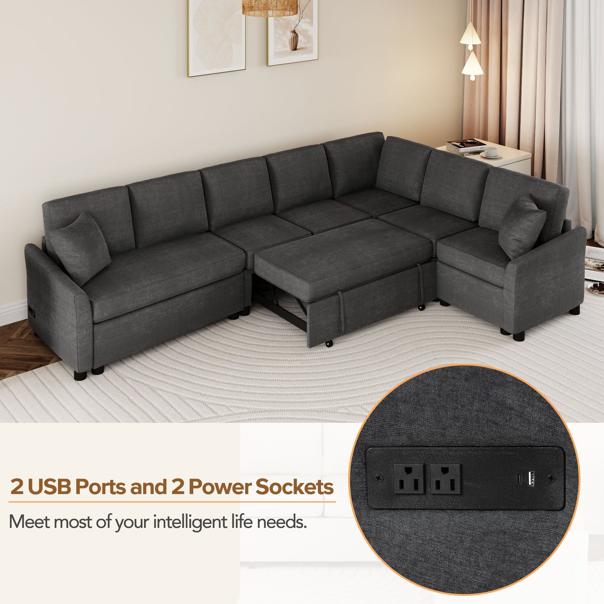 124.8"L - shaped Sofa Convertible Sofa Bed Pull Out Sofa Sleeper with Two Back Pillows, Two USB Ports and Two Power Sockets for Living Room - Comfortable Living Decor